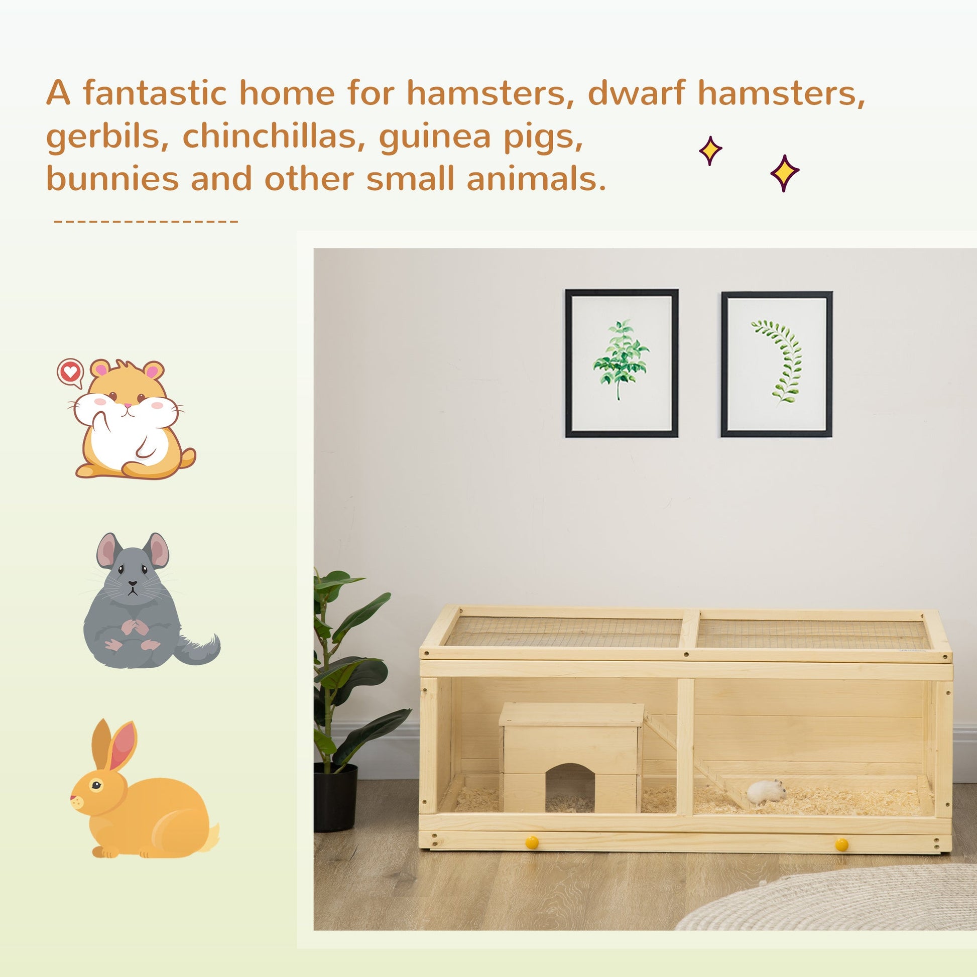 Wooden Hamster Cage, Small Animal Cage with Sliding Tray, Openable Top, Hut, Exercise Play House for Syrian Hamsters, Natural Wood Finish
