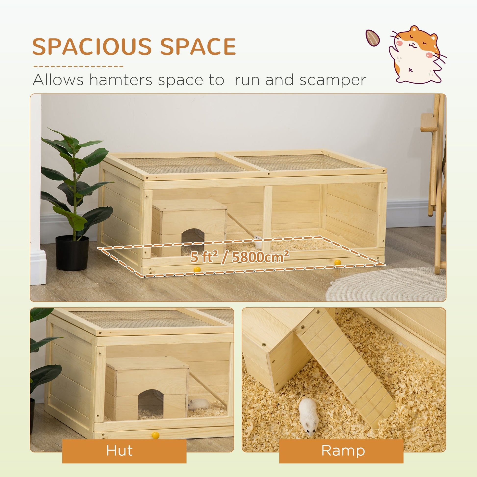 Wooden Hamster Cage, Small Animal Cage with Sliding Tray, Openable Top, Hut, Exercise Play House for Syrian Hamsters, Natural Wood Finish