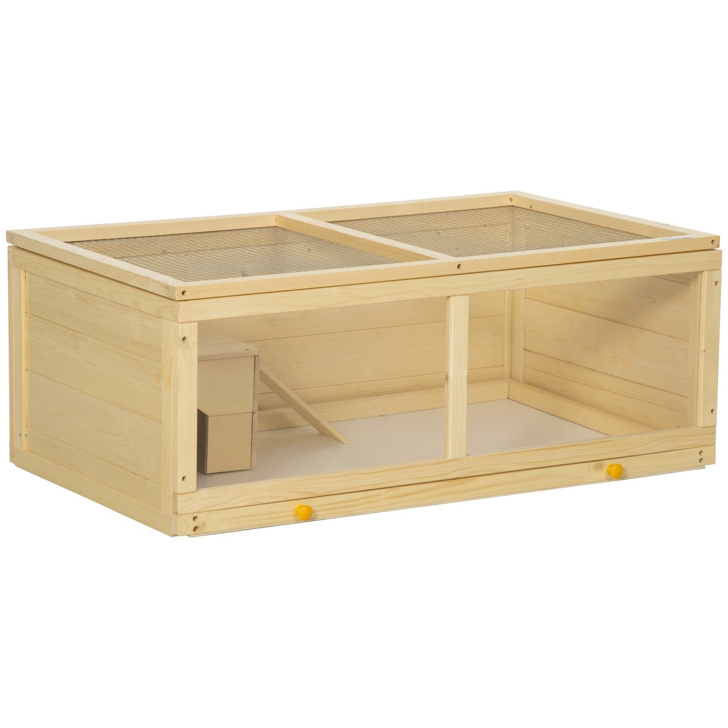 Wooden Hamster Cage, Small Animal Cage with Sliding Tray, Openable Top, Hut, Exercise Play House for Syrian Hamsters, Natural Wood Finish