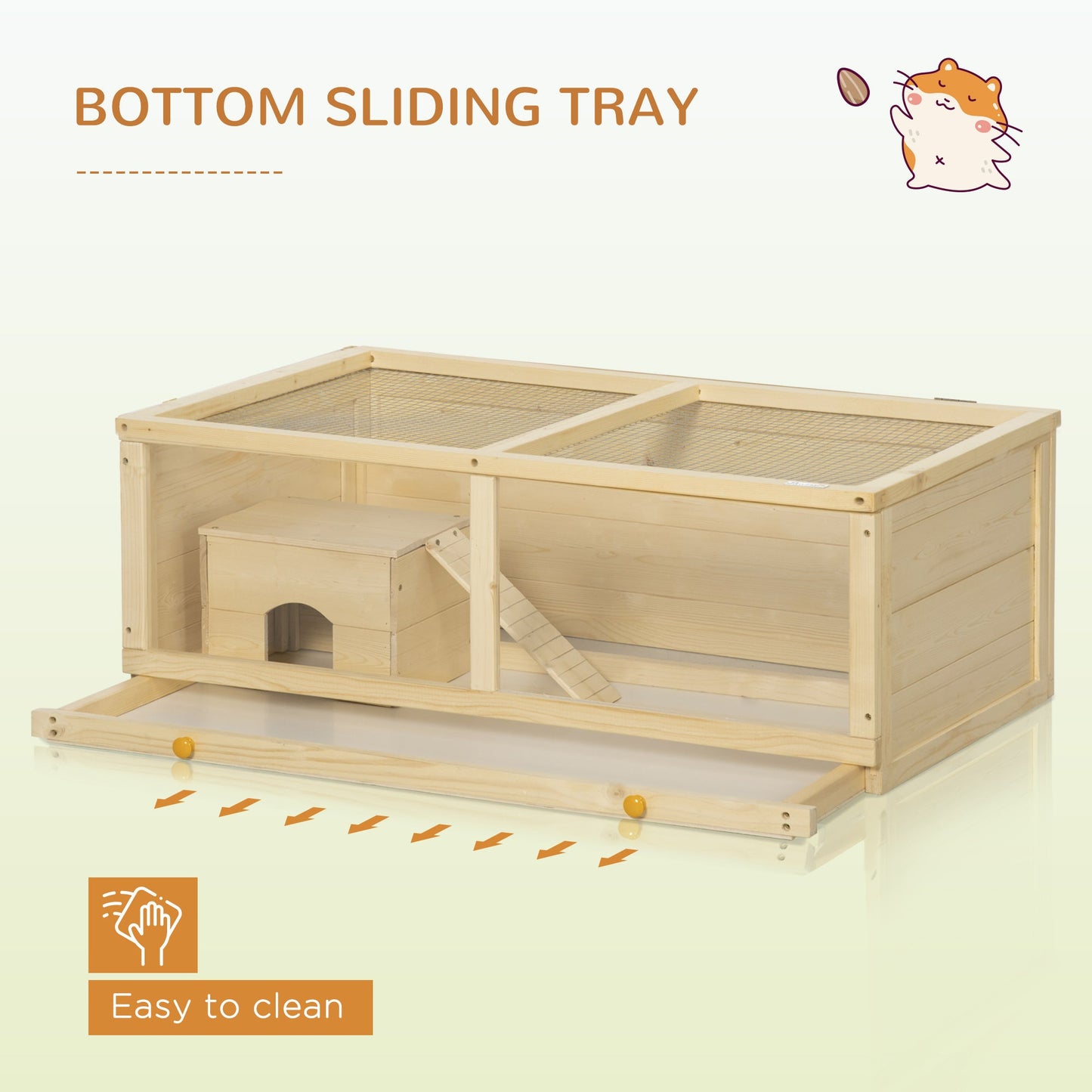Wooden Hamster Cage, Small Animal Cage with Sliding Tray, Openable Top, Hut, Exercise Play House for Syrian Hamsters, Natural Wood Finish