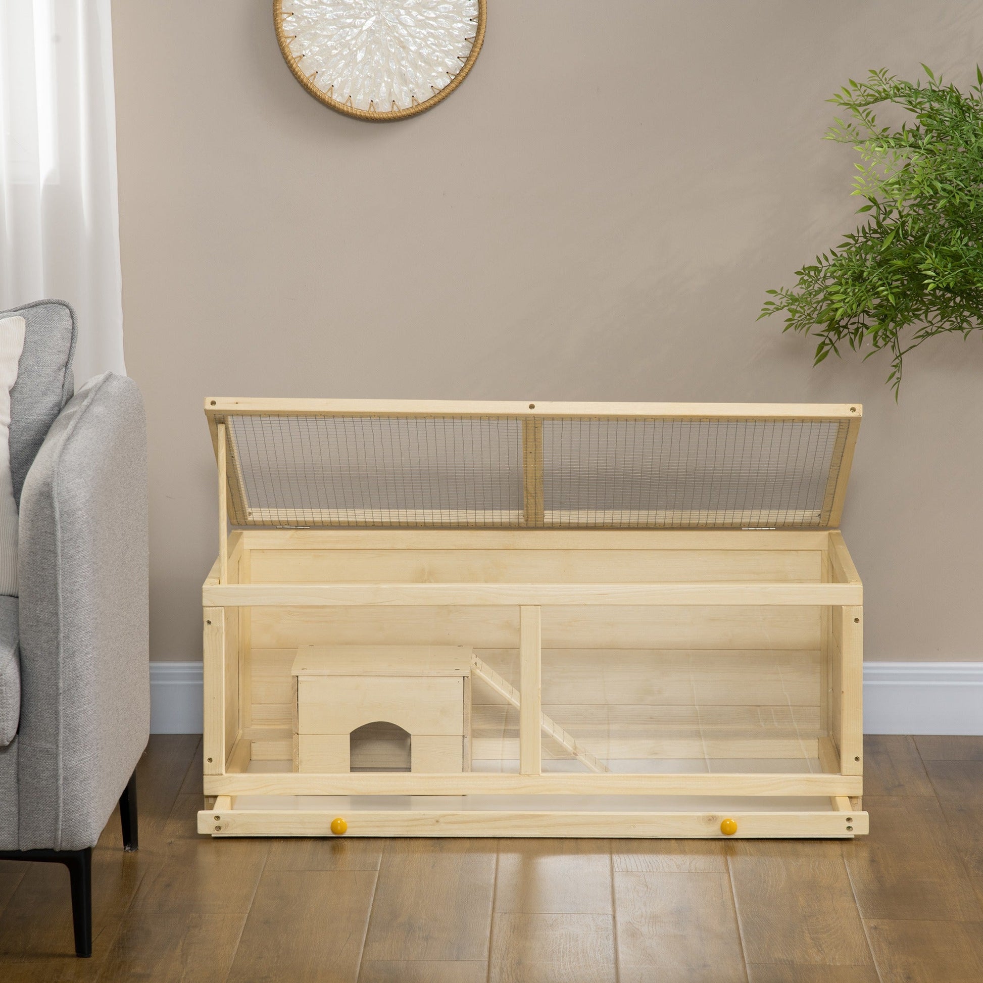 Wooden Hamster Cage, Small Animal Cage with Sliding Tray, Openable Top, Hut, Exercise Play House for Syrian Hamsters, Natural Wood Finish