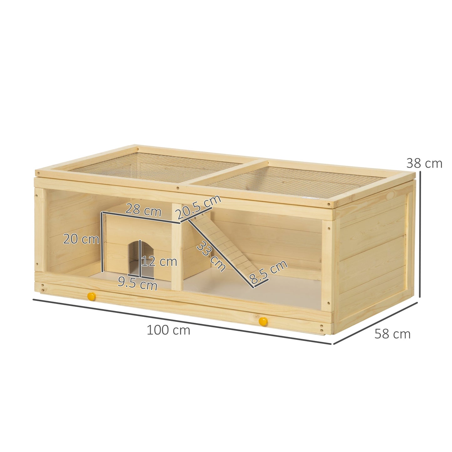 Wooden Hamster Cage, Small Animal Cage with Sliding Tray, Openable Top, Hut, Exercise Play House for Syrian Hamsters, Natural Wood Finish