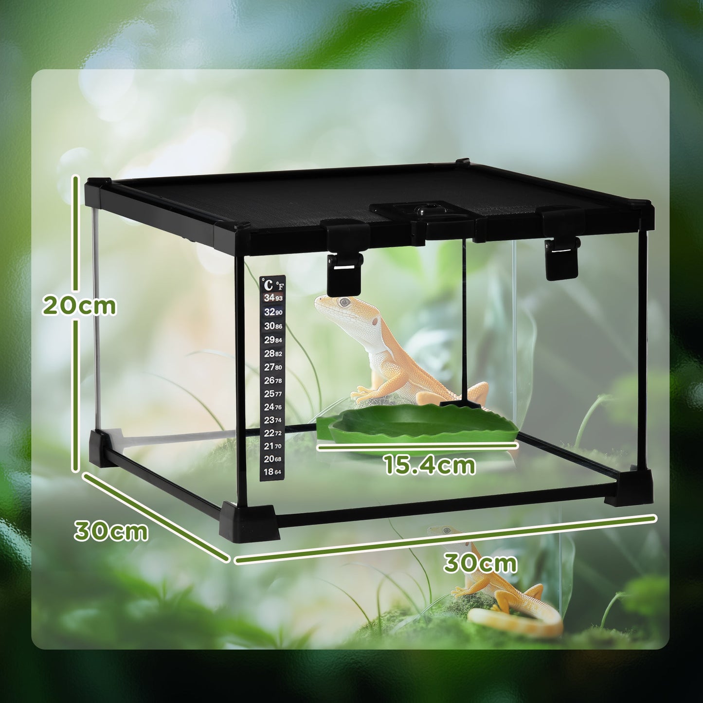 Glass Reptile Terrarium Insect Breeding Tank Vivarium Habitats with Thermometer for Lizards, Horned Frogs, Snakes, Spiders - Small 30 x 30 x 20cm