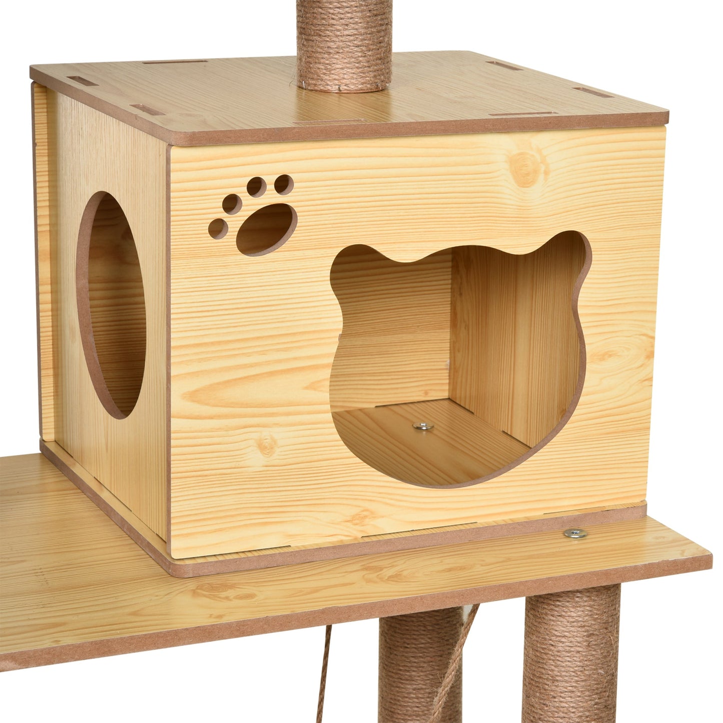 Wooden Cat Tree for Indoor Cats Climbing Tower for Large Cats with 5 Scratching Posts Hammock Toy Ball 130cm