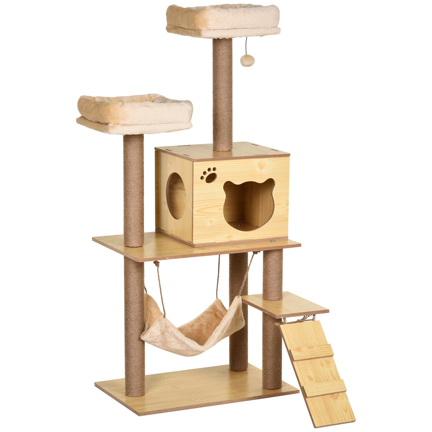 Wooden Cat Tree for Indoor Cats Climbing Tower for Large Cats with 5 Scratching Posts Hammock Toy Ball 130cm