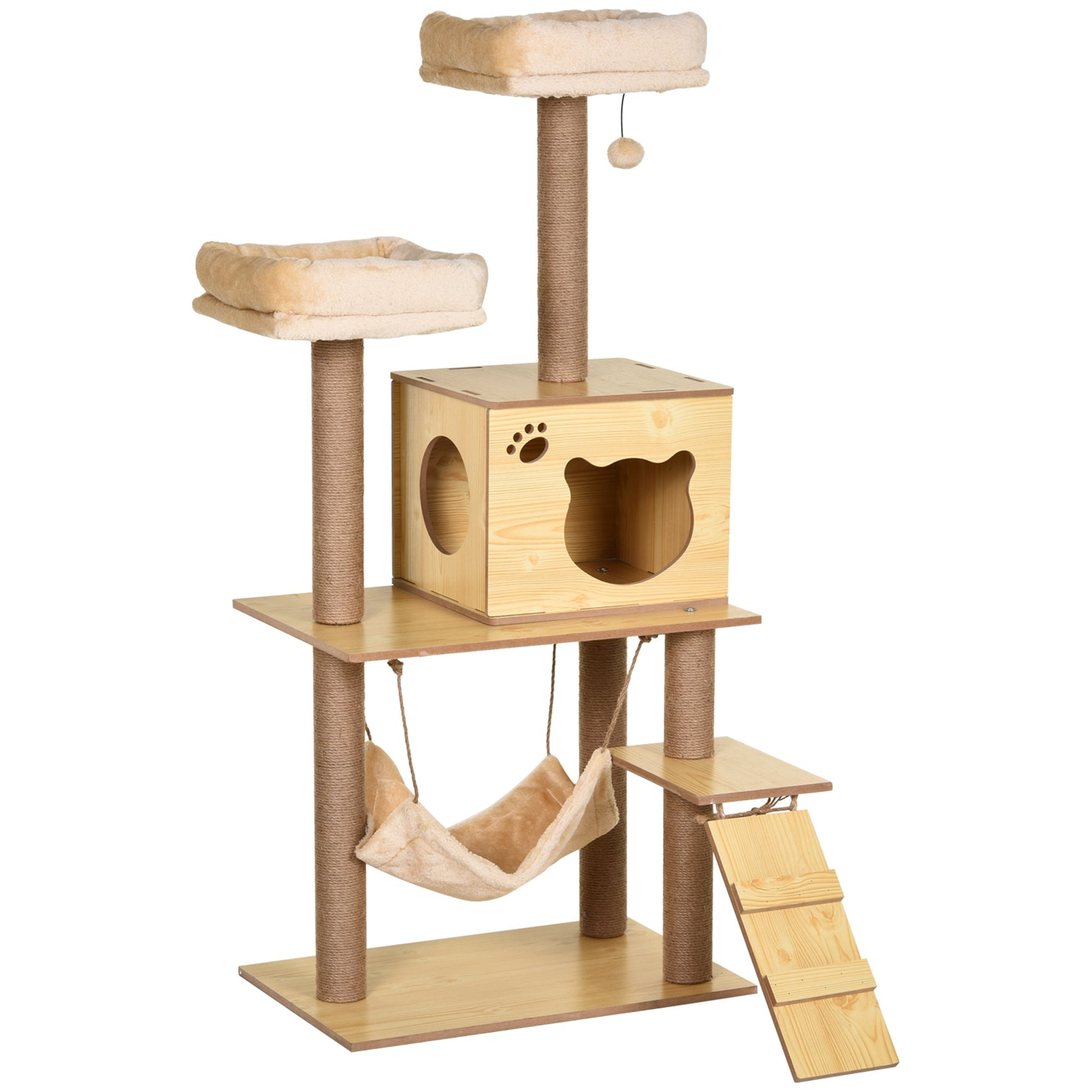 Wooden Cat Tree for Indoor Cats Climbing Tower for Large Cats with 5 Scratching Posts Hammock Toy Ball 130cm