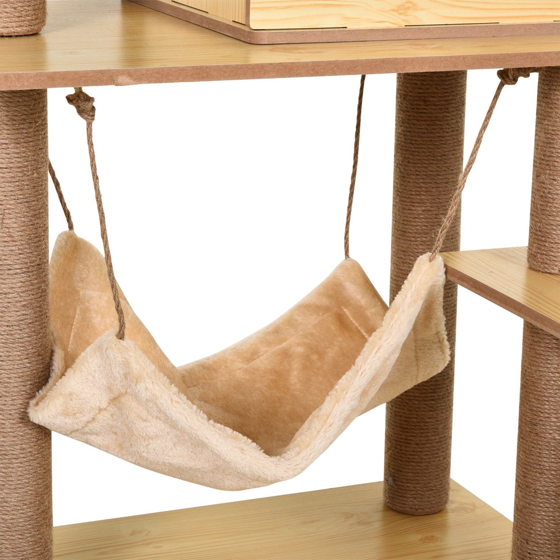 Wooden Cat Tree for Indoor Cats Climbing Tower for Large Cats with 5 Scratching Posts Hammock Toy Ball 130cm