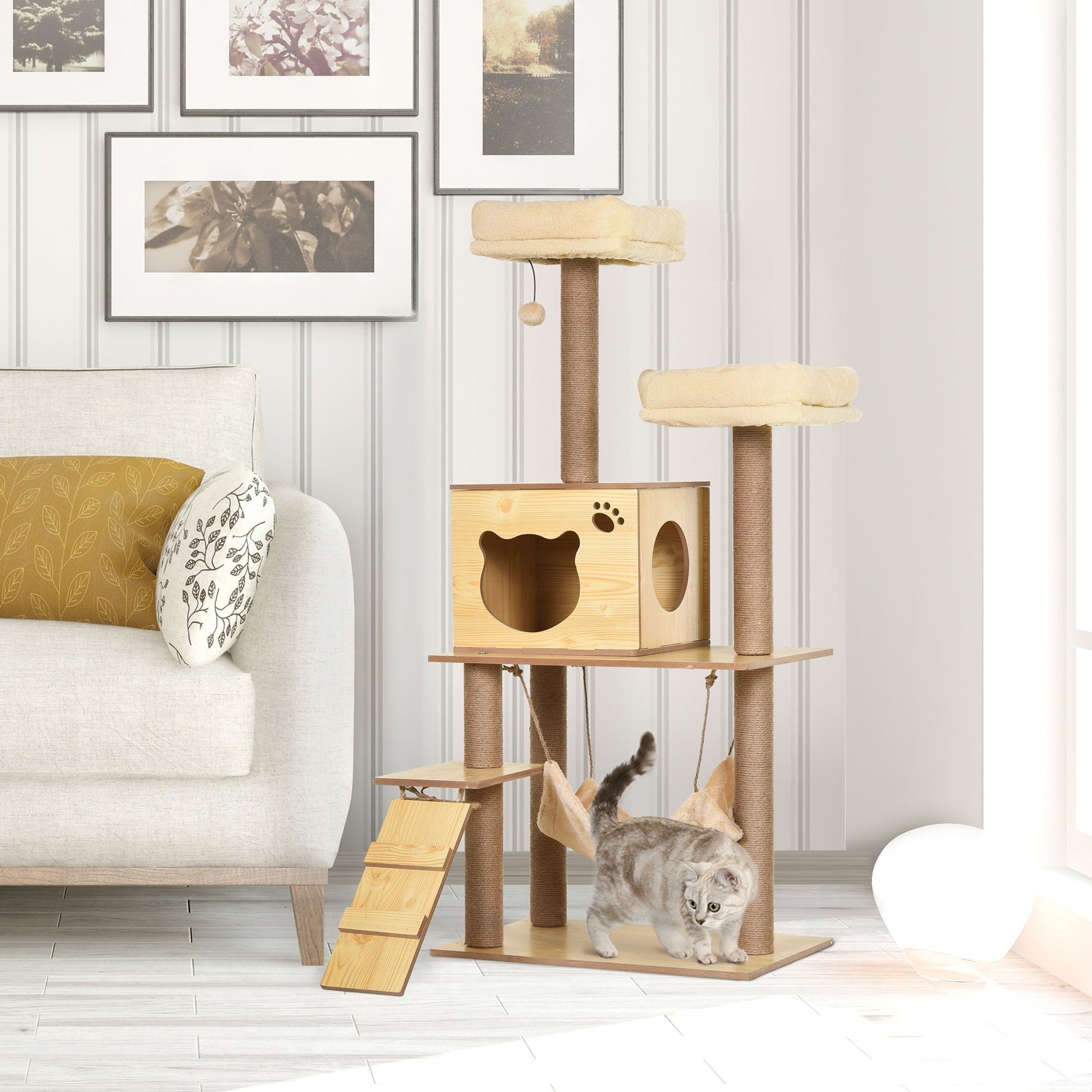 Wooden Cat Tree for Indoor Cats Climbing Tower for Large Cats with 5 Scratching Posts Hammock Toy Ball 130cm