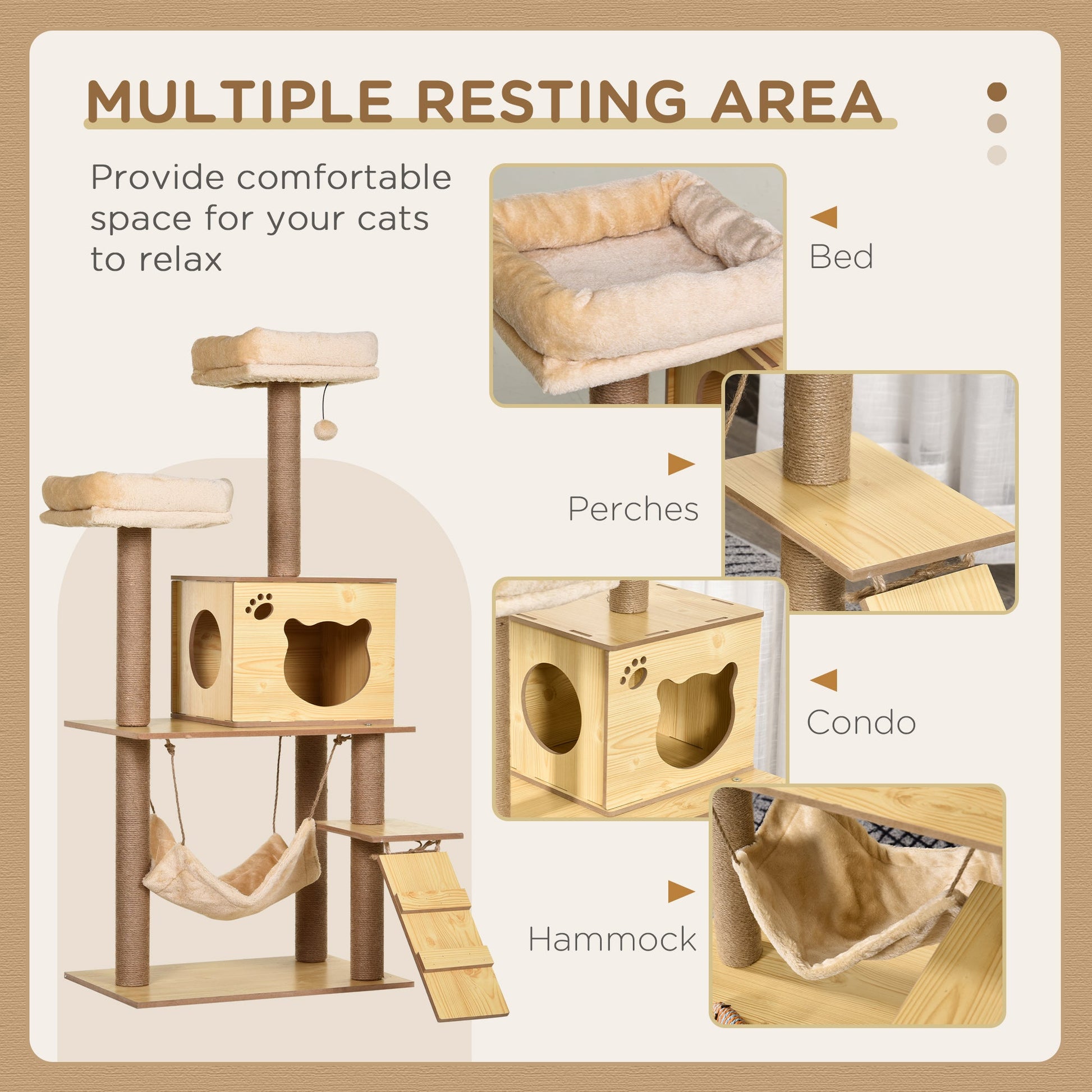 Wooden Cat Tree for Indoor Cats Climbing Tower for Large Cats with 5 Scratching Posts Hammock Toy Ball 130cm