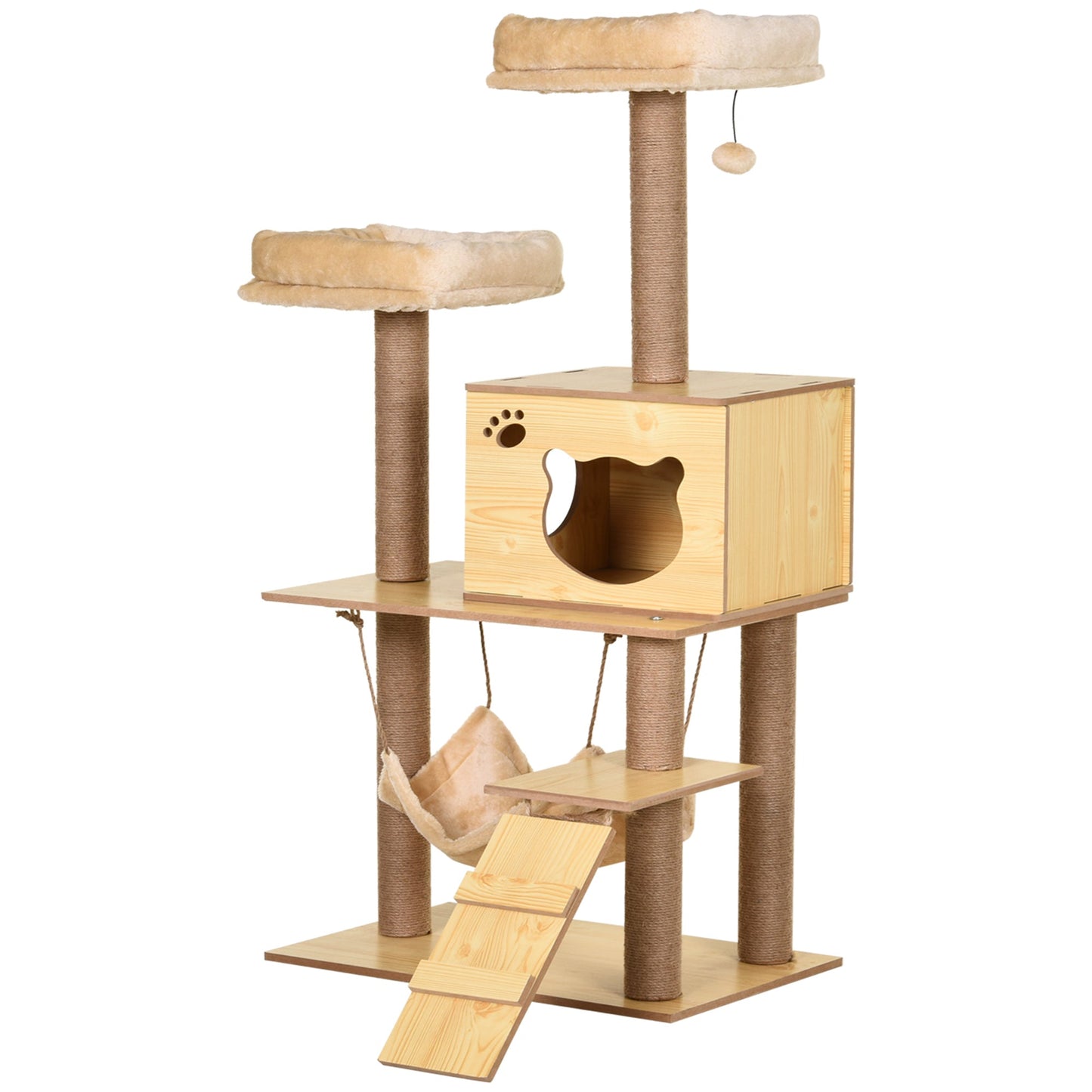 Wooden Cat Tree for Indoor Cats Climbing Tower for Large Cats with 5 Scratching Posts Hammock Toy Ball 130cm