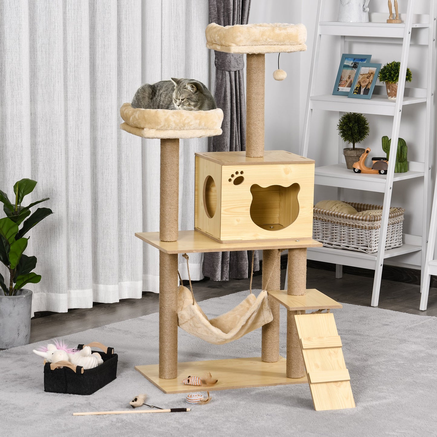 Wooden Cat Tree for Indoor Cats Climbing Tower for Large Cats with 5 Scratching Posts Hammock Toy Ball 130cm