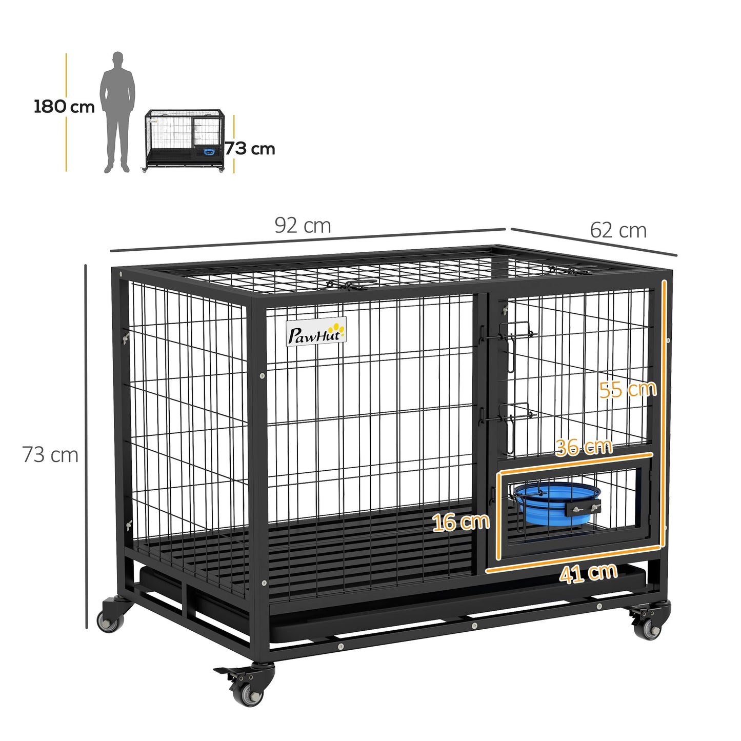 36" Heavy Duty Dog Crate with Bowl Holder, Dog Cage on Wheels with Removable Tray, Openable Top, Detachable Door, Indoor Outdoor Use, for Medium and Large Dogs - Black