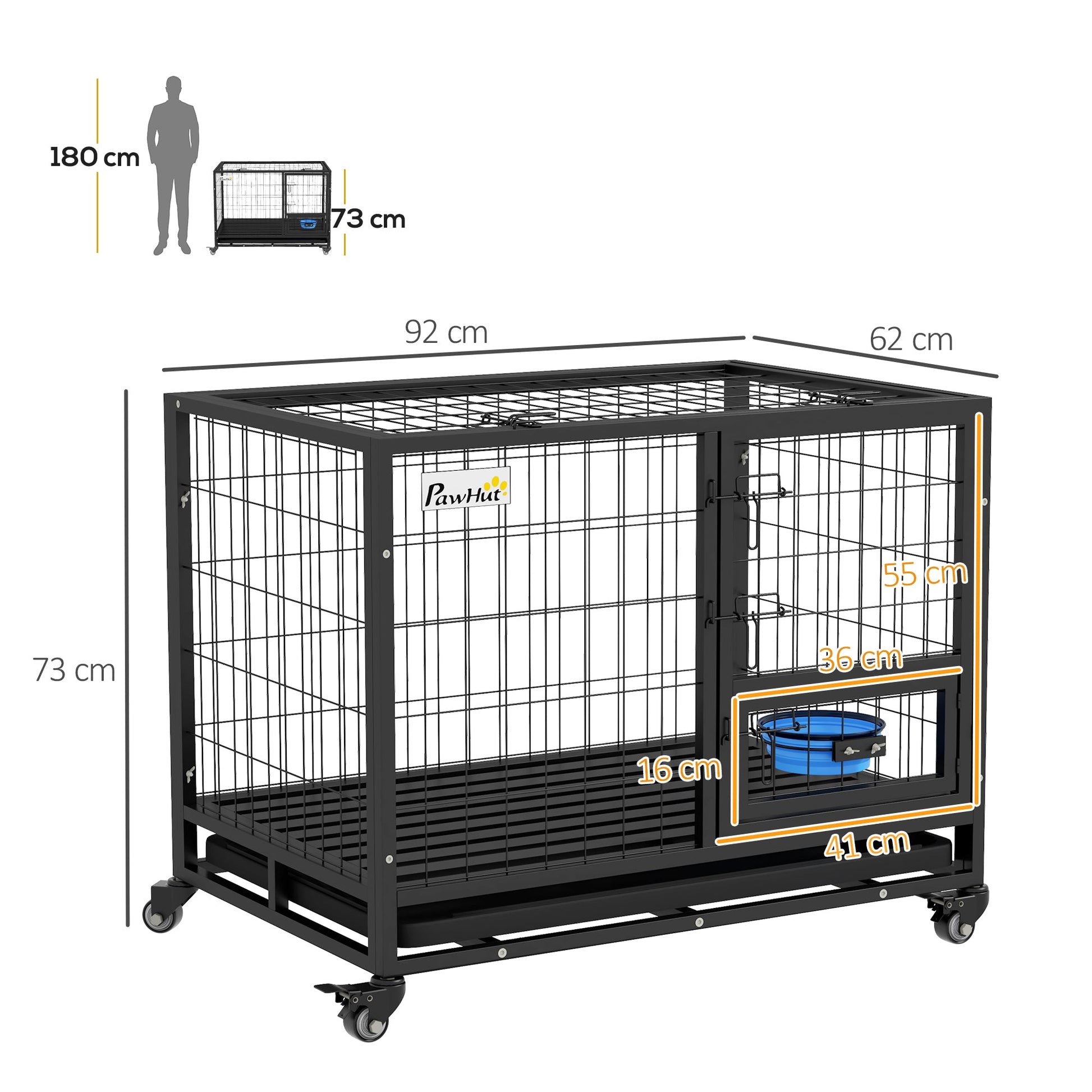 36" Heavy Duty Dog Crate with Bowl Holder, Dog Cage on Wheels with Removable Tray, Openable Top, Detachable Door, Indoor Outdoor Use, for Medium and Large Dogs - Black