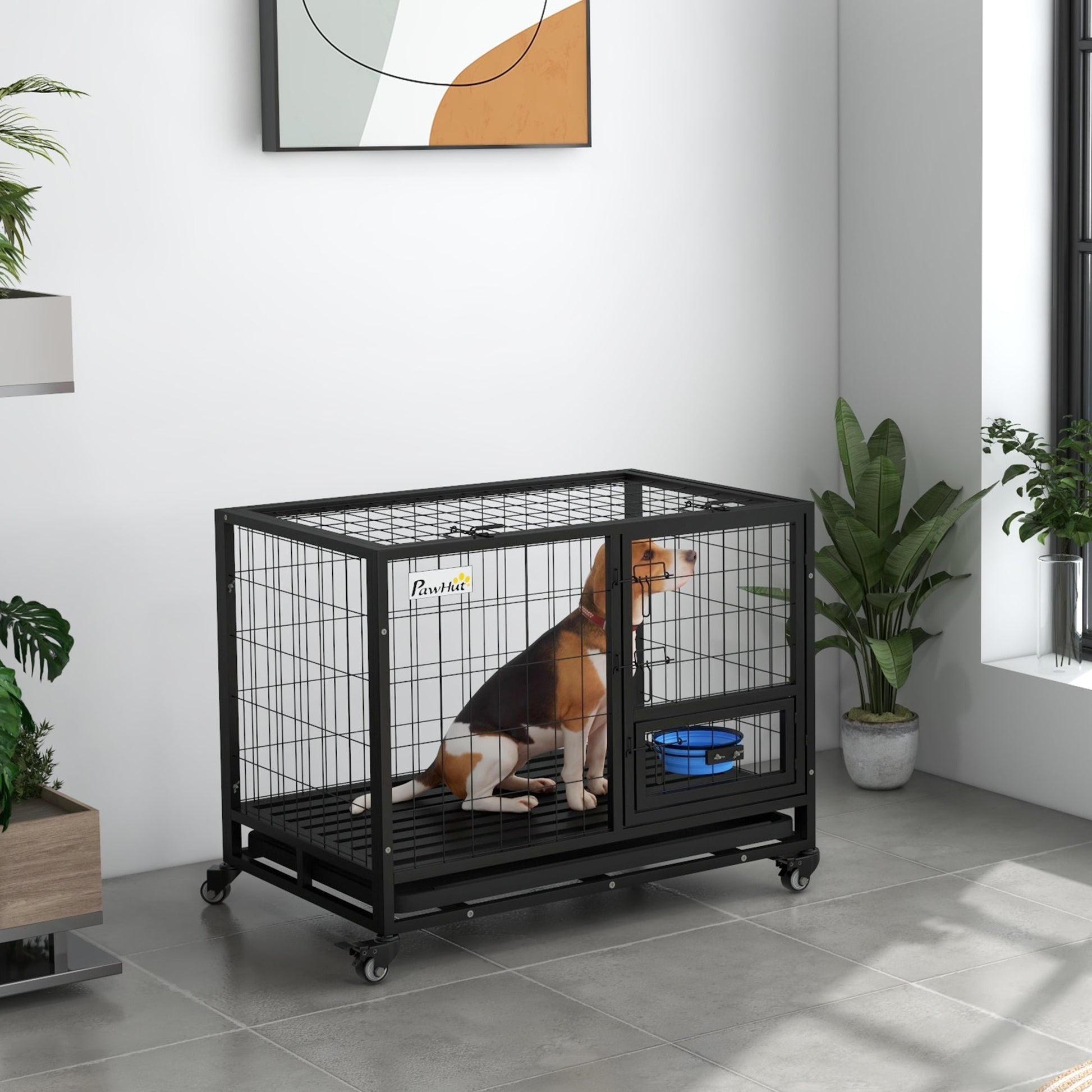 36" Heavy Duty Dog Crate with Bowl Holder, Dog Cage on Wheels with Removable Tray, Openable Top, Detachable Door, Indoor Outdoor Use, for Medium and Large Dogs - Black