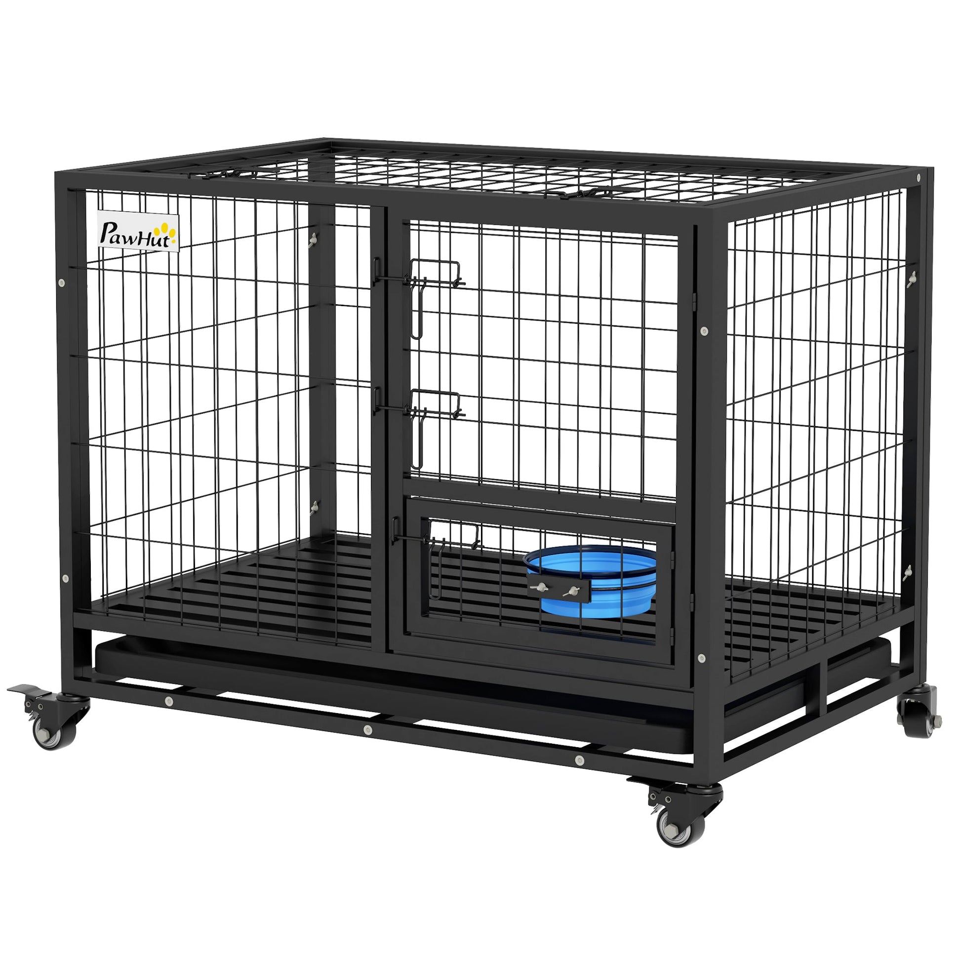 36" Heavy Duty Dog Crate with Bowl Holder, Dog Cage on Wheels with Removable Tray, Openable Top, Detachable Door, Indoor Outdoor Use, for Medium and Large Dogs - Black