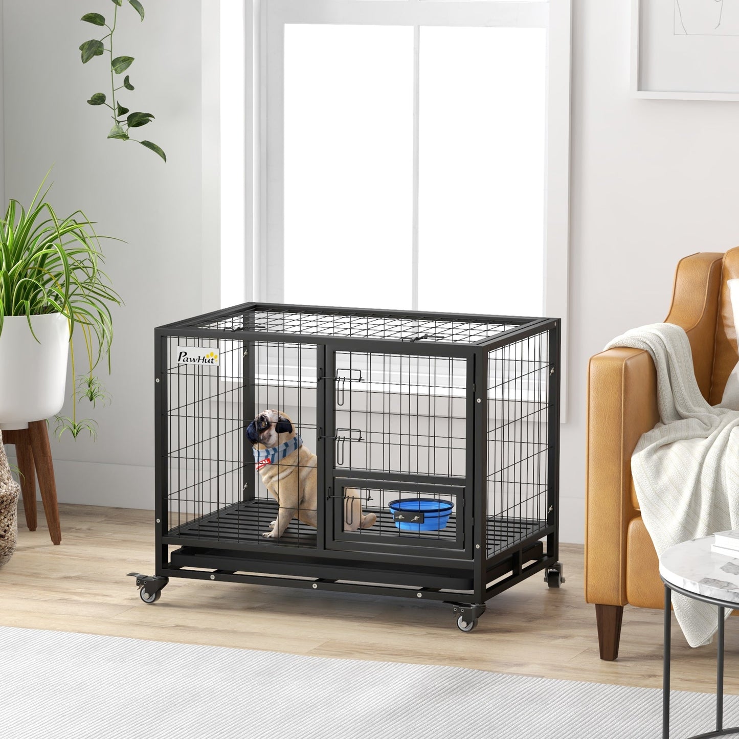 36" Heavy Duty Dog Crate with Bowl Holder, Dog Cage on Wheels with Removable Tray, Openable Top, Detachable Door, Indoor Outdoor Use, for Medium and Large Dogs - Black