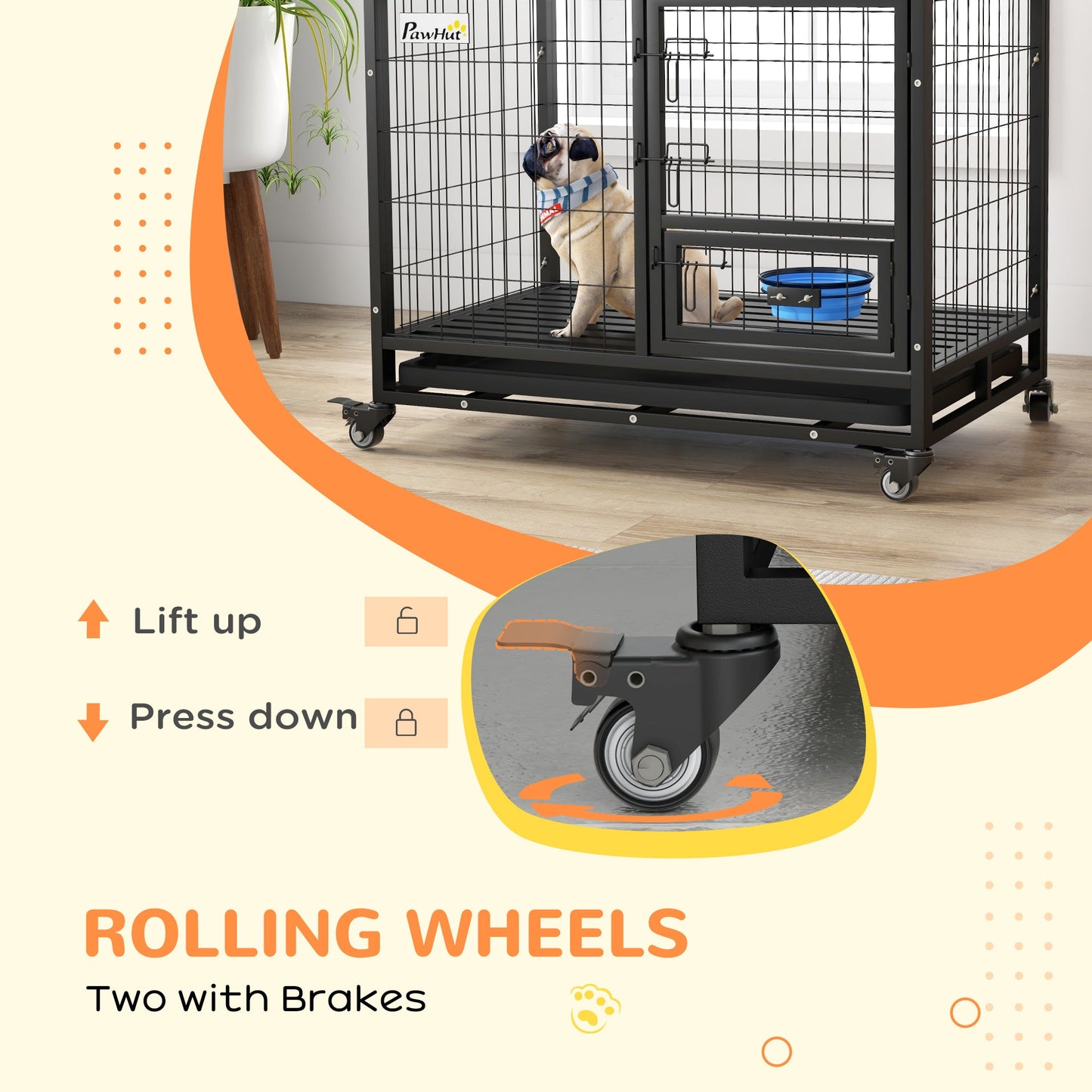 36" Heavy Duty Dog Crate with Bowl Holder, Dog Cage on Wheels with Removable Tray, Openable Top, Detachable Door, Indoor Outdoor Use, for Medium and Large Dogs - Black