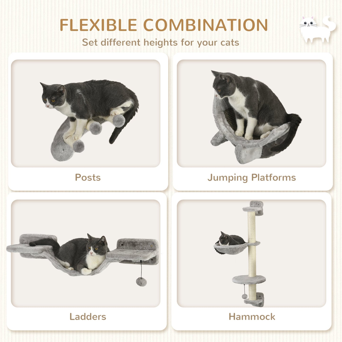 4 Piece Cat Shelves, Cat Wall Furniture with Hammock, Scratching Posts, Soft Ladder, Steps, Jump Platforms, Cat Wall Shelves for Indoor Cats - Grey