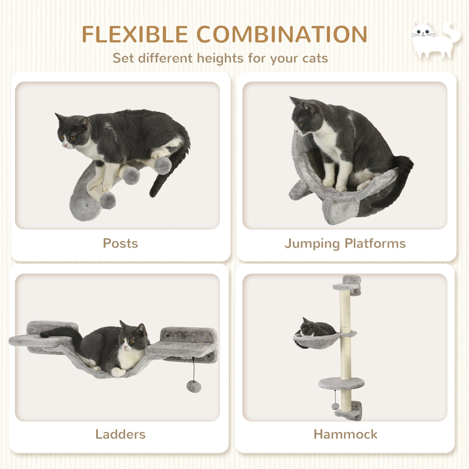 4 Piece Cat Shelves, Cat Wall Furniture with Hammock, Scratching Posts, Soft Ladder, Steps, Jump Platforms, Cat Wall Shelves for Indoor Cats - Grey