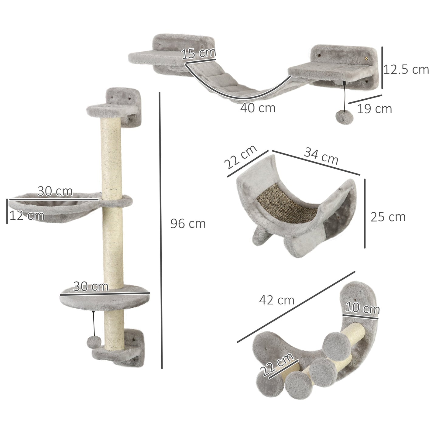 4 Piece Cat Shelves, Cat Wall Furniture with Hammock, Scratching Posts, Soft Ladder, Steps, Jump Platforms, Cat Wall Shelves for Indoor Cats - Grey