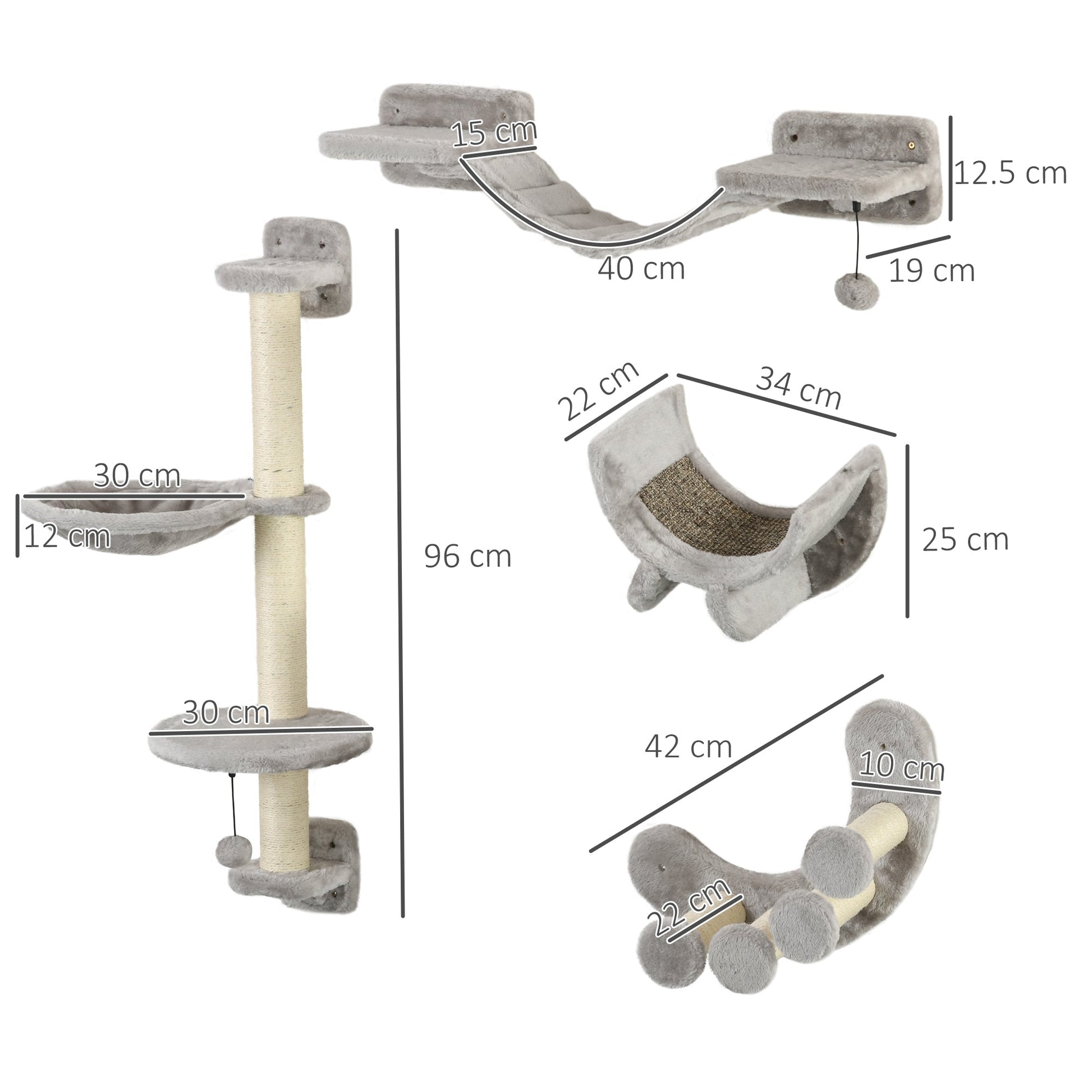 4 Piece Cat Shelves, Cat Wall Furniture with Hammock, Scratching Posts, Soft Ladder, Steps, Jump Platforms, Cat Wall Shelves for Indoor Cats - Grey