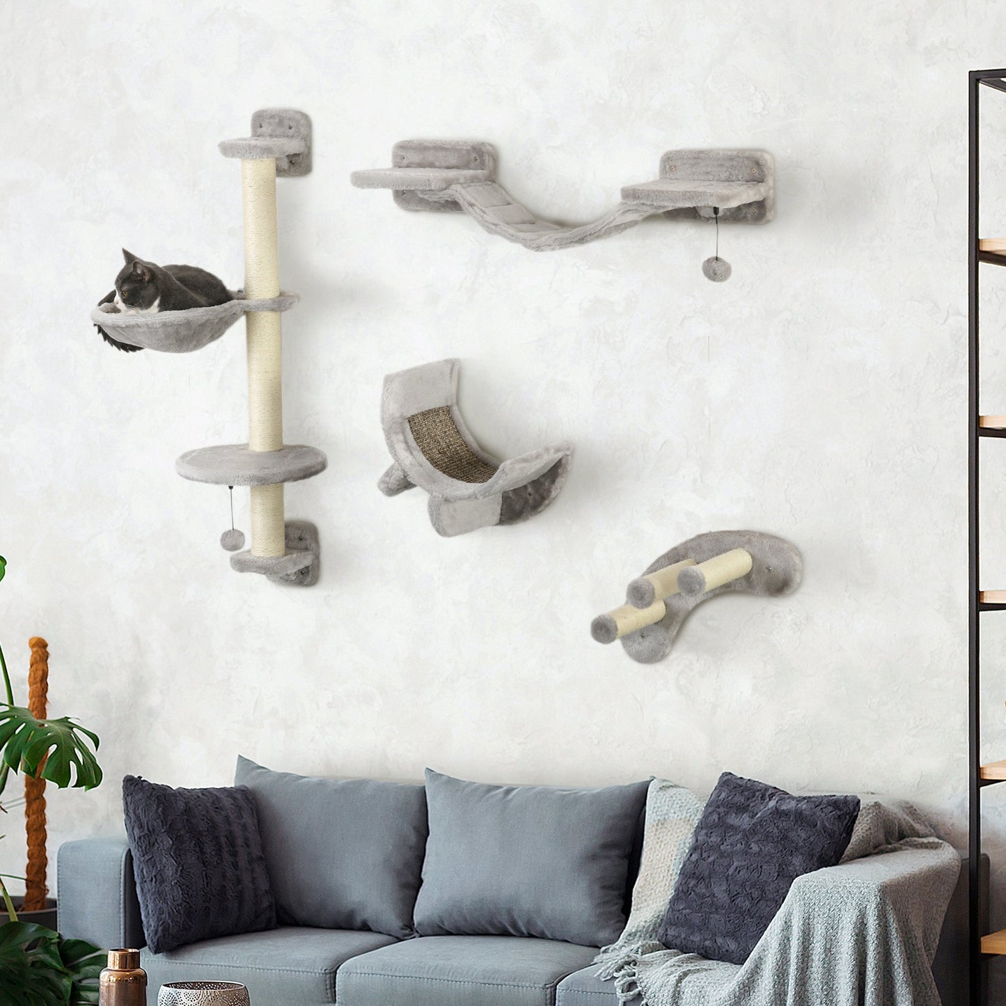 4 Piece Cat Shelves, Cat Wall Furniture with Hammock, Scratching Posts, Soft Ladder, Steps, Jump Platforms, Cat Wall Shelves for Indoor Cats - Grey