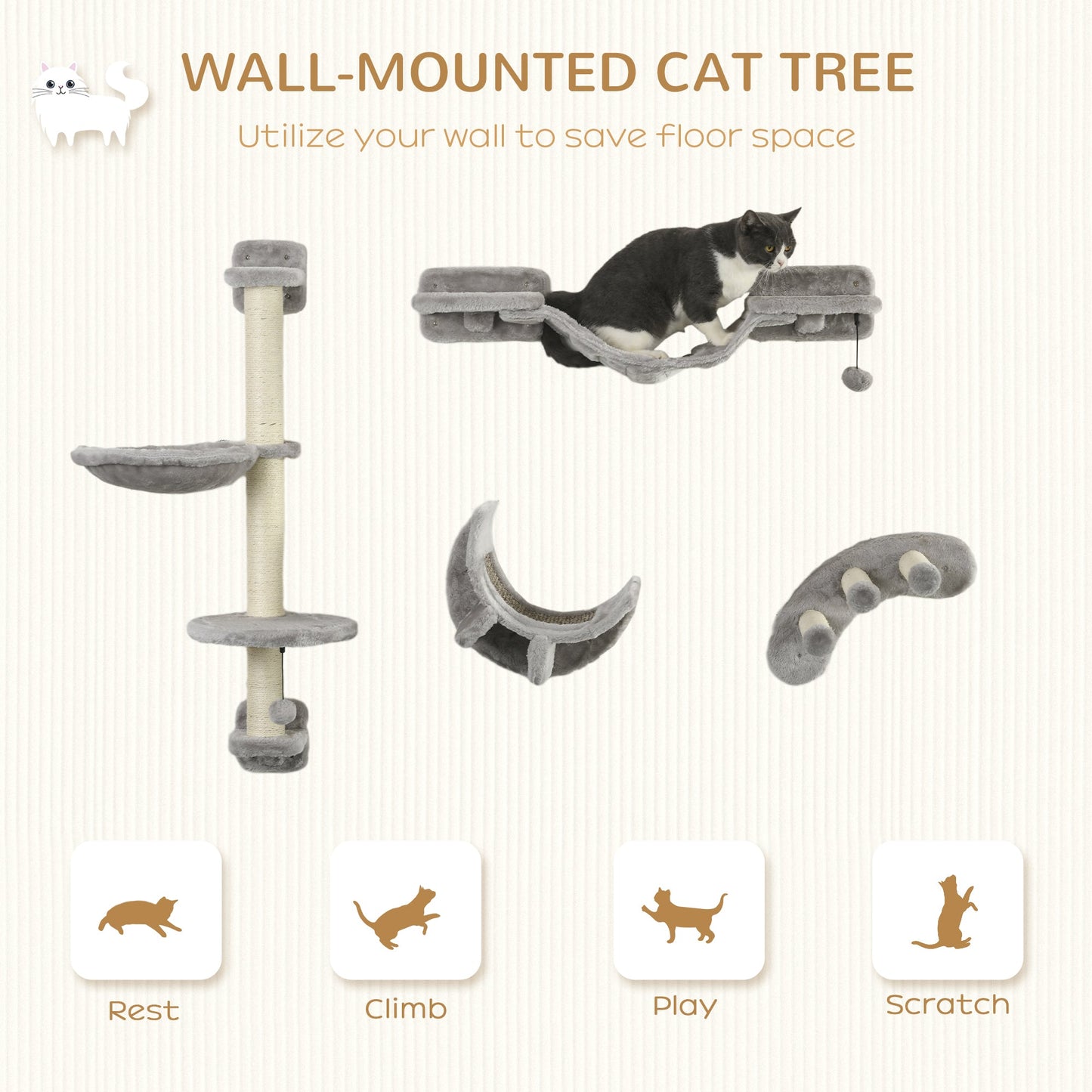 4 Piece Cat Shelves, Cat Wall Furniture with Hammock, Scratching Posts, Soft Ladder, Steps, Jump Platforms, Cat Wall Shelves for Indoor Cats - Grey