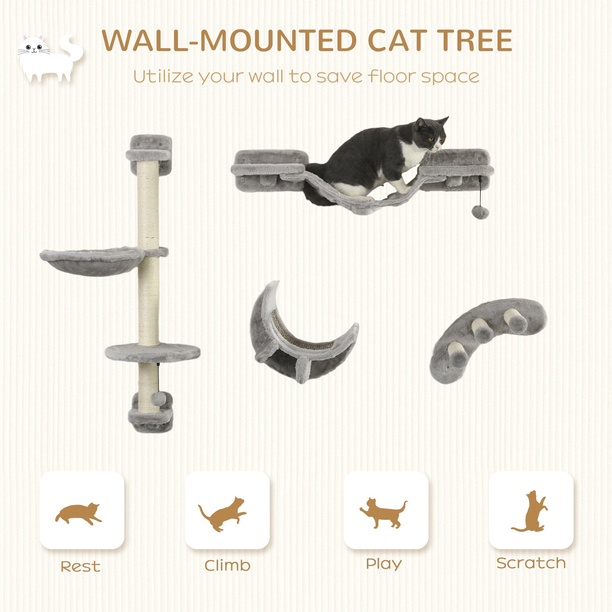 4 Piece Cat Shelves, Cat Wall Furniture with Hammock, Scratching Posts, Soft Ladder, Steps, Jump Platforms, Cat Wall Shelves for Indoor Cats - Grey