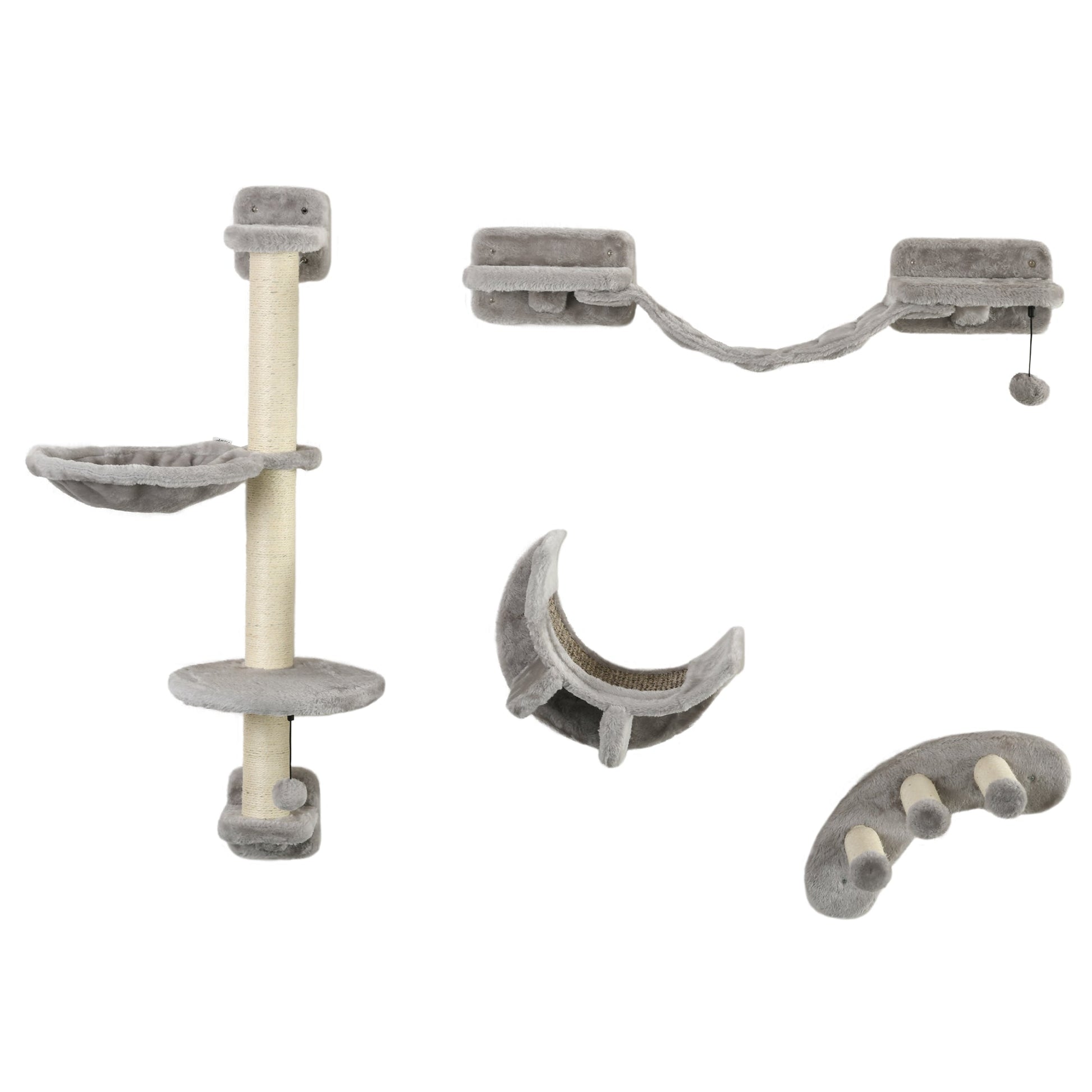 4 Piece Cat Shelves, Cat Wall Furniture with Hammock, Scratching Posts, Soft Ladder, Steps, Jump Platforms, Cat Wall Shelves for Indoor Cats - Grey