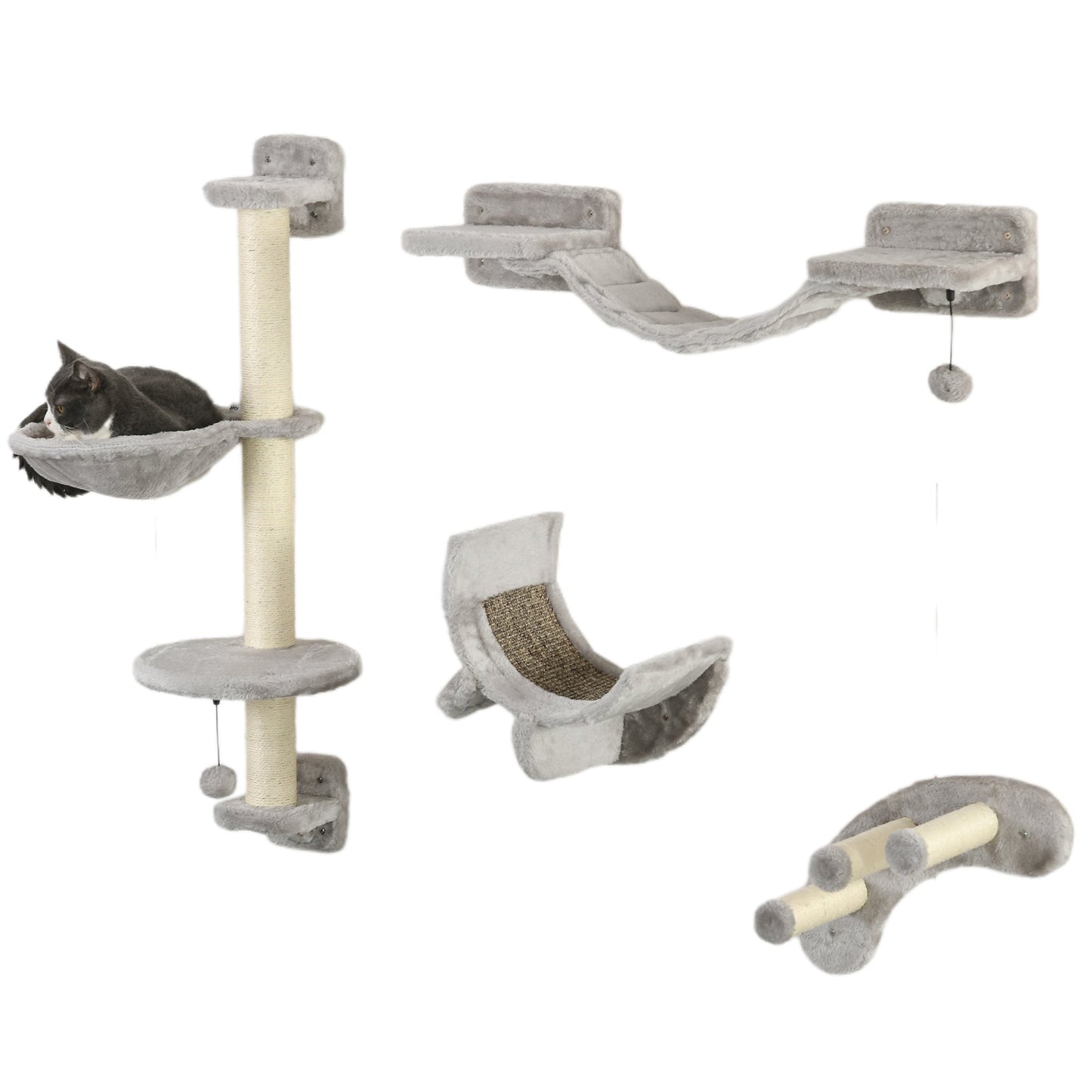 4 Piece Cat Shelves, Cat Wall Furniture with Hammock, Scratching Posts, Soft Ladder, Steps, Jump Platforms, Cat Wall Shelves for Indoor Cats - Grey