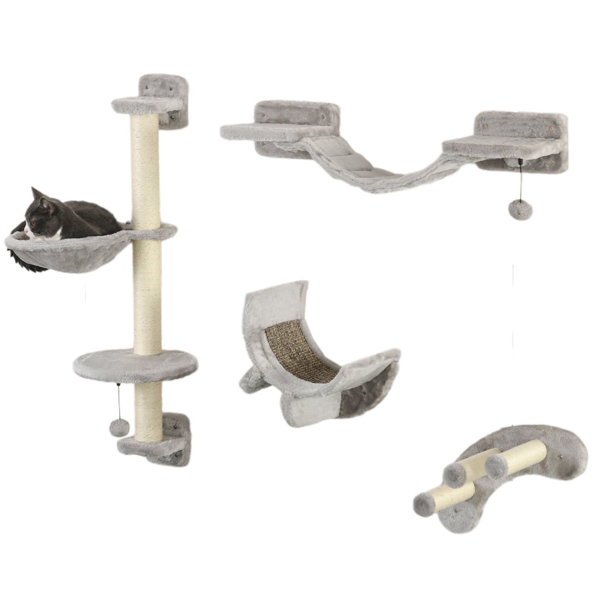 4 Piece Cat Shelves, Cat Wall Furniture with Hammock, Scratching Posts, Soft Ladder, Steps, Jump Platforms, Cat Wall Shelves for Indoor Cats - Grey