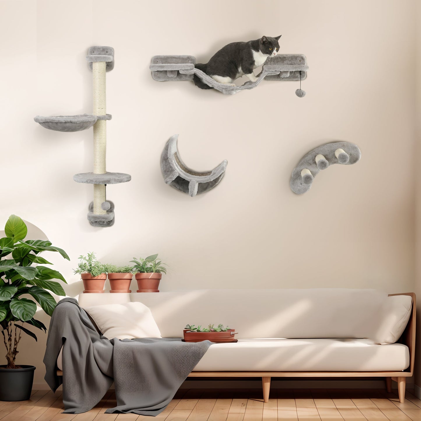 4 Piece Cat Shelves, Cat Wall Furniture with Hammock, Scratching Posts, Soft Ladder, Steps, Jump Platforms, Cat Wall Shelves for Indoor Cats - Grey