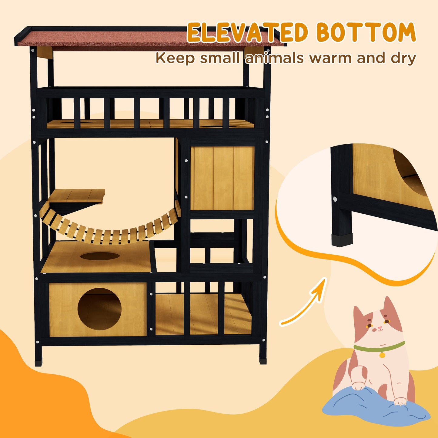 Outdoor Cat House Wooden Cat Shelter, 4 Tier with Suspension Bridge, Balcony, Escape Doors Water-Resistant Roof, for 1-2 Cats