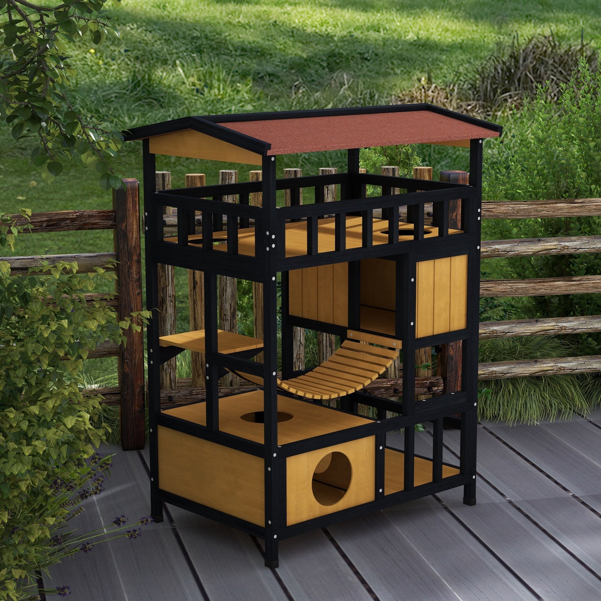 Outdoor Cat House Wooden Cat Shelter, 4 Tier with Suspension Bridge, Balcony, Escape Doors Water-Resistant Roof, for 1-2 Cats