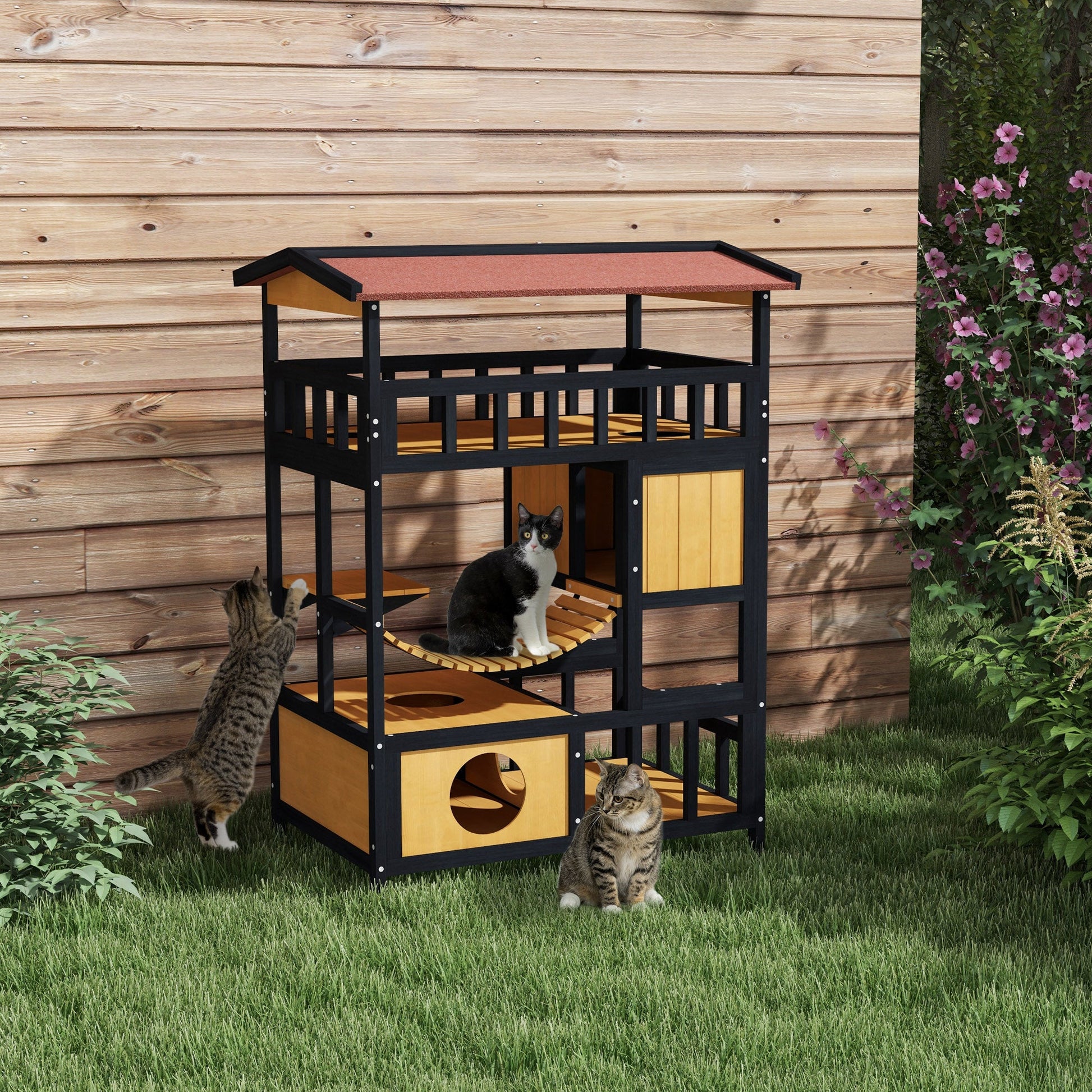 Outdoor Cat House Wooden Cat Shelter, 4 Tier with Suspension Bridge, Balcony, Escape Doors Water-Resistant Roof, for 1-2 Cats