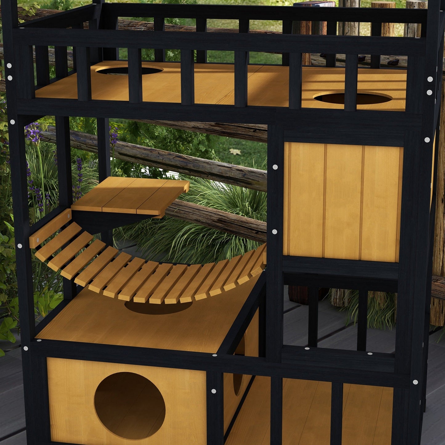 Outdoor Cat House Wooden Cat Shelter, 4 Tier with Suspension Bridge, Balcony, Escape Doors Water-Resistant Roof, for 1-2 Cats