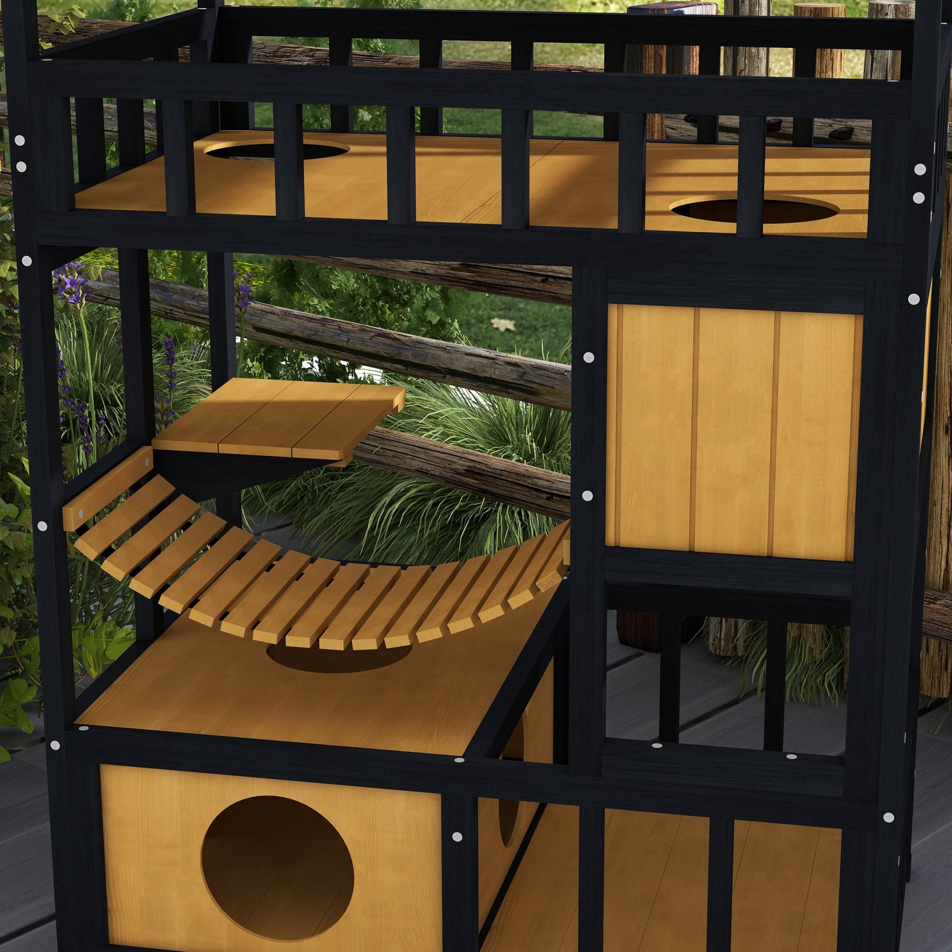 Outdoor Cat House Wooden Cat Shelter, 4 Tier with Suspension Bridge, Balcony, Escape Doors Water-Resistant Roof, for 1-2 Cats