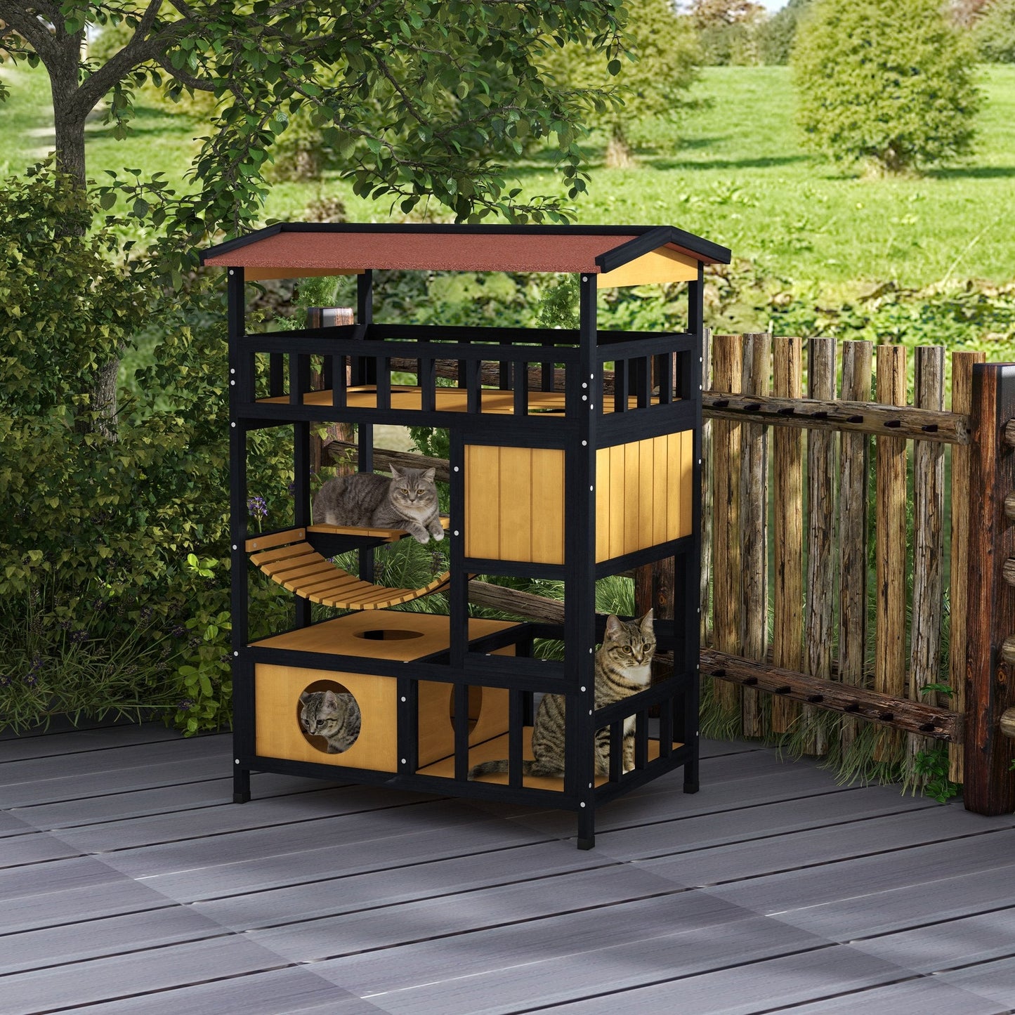 Outdoor Cat House Wooden Cat Shelter, 4 Tier with Suspension Bridge, Balcony, Escape Doors Water-Resistant Roof, for 1-2 Cats