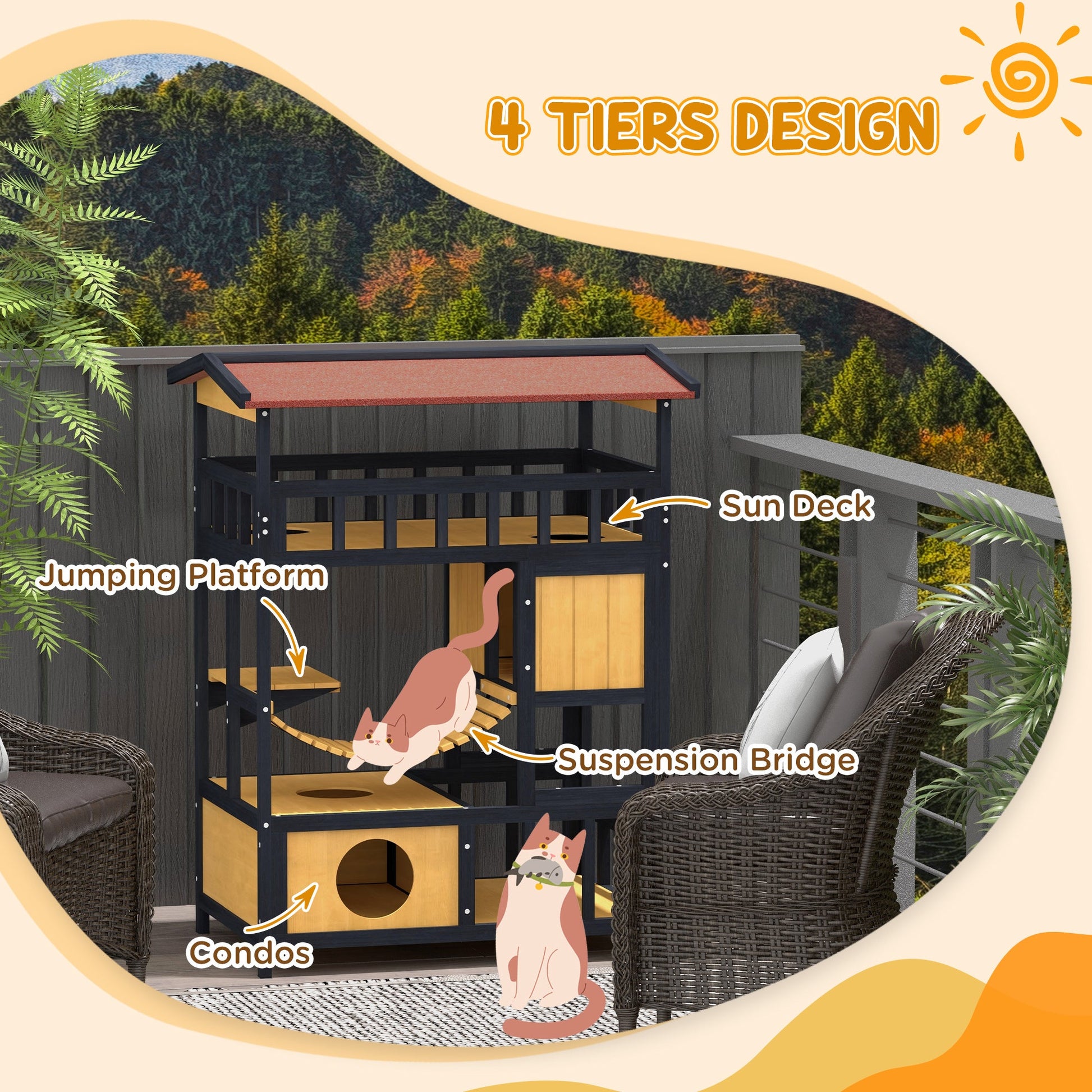 Outdoor Cat House Wooden Cat Shelter, 4 Tier with Suspension Bridge, Balcony, Escape Doors Water-Resistant Roof, for 1-2 Cats