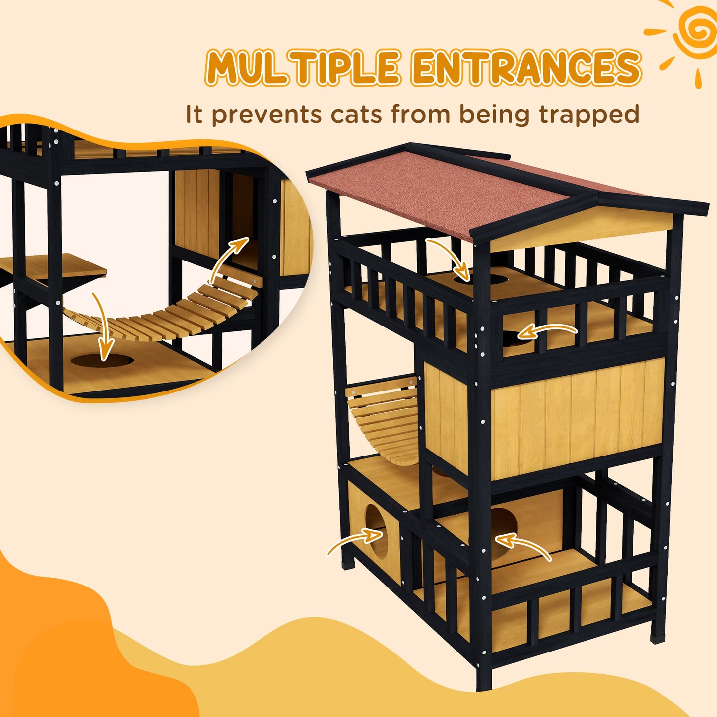 Outdoor Cat House Wooden Cat Shelter, 4 Tier with Suspension Bridge, Balcony, Escape Doors Water-Resistant Roof, for 1-2 Cats