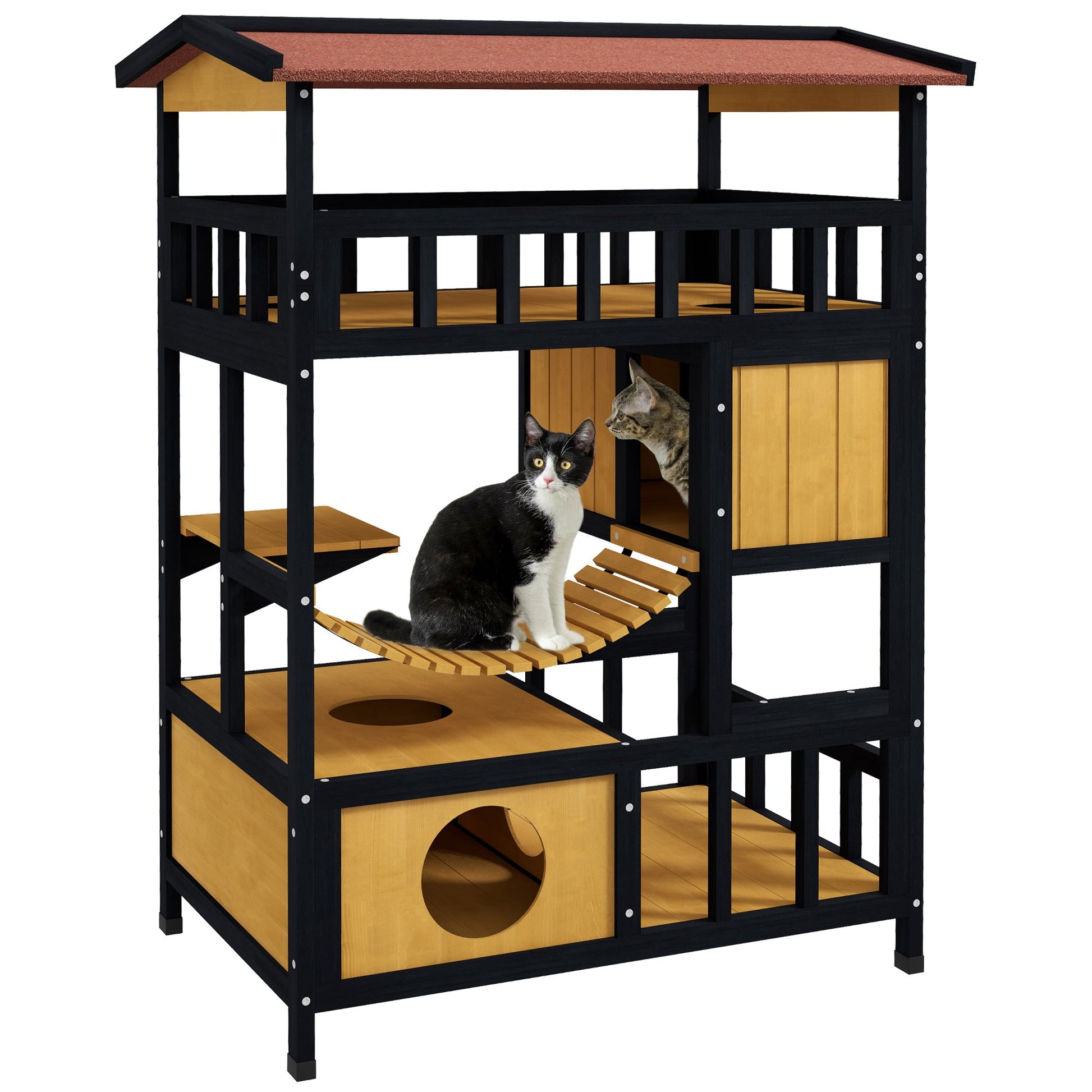 Outdoor Cat House Wooden Cat Shelter, 4 Tier with Suspension Bridge, Balcony, Escape Doors Water-Resistant Roof, for 1-2 Cats