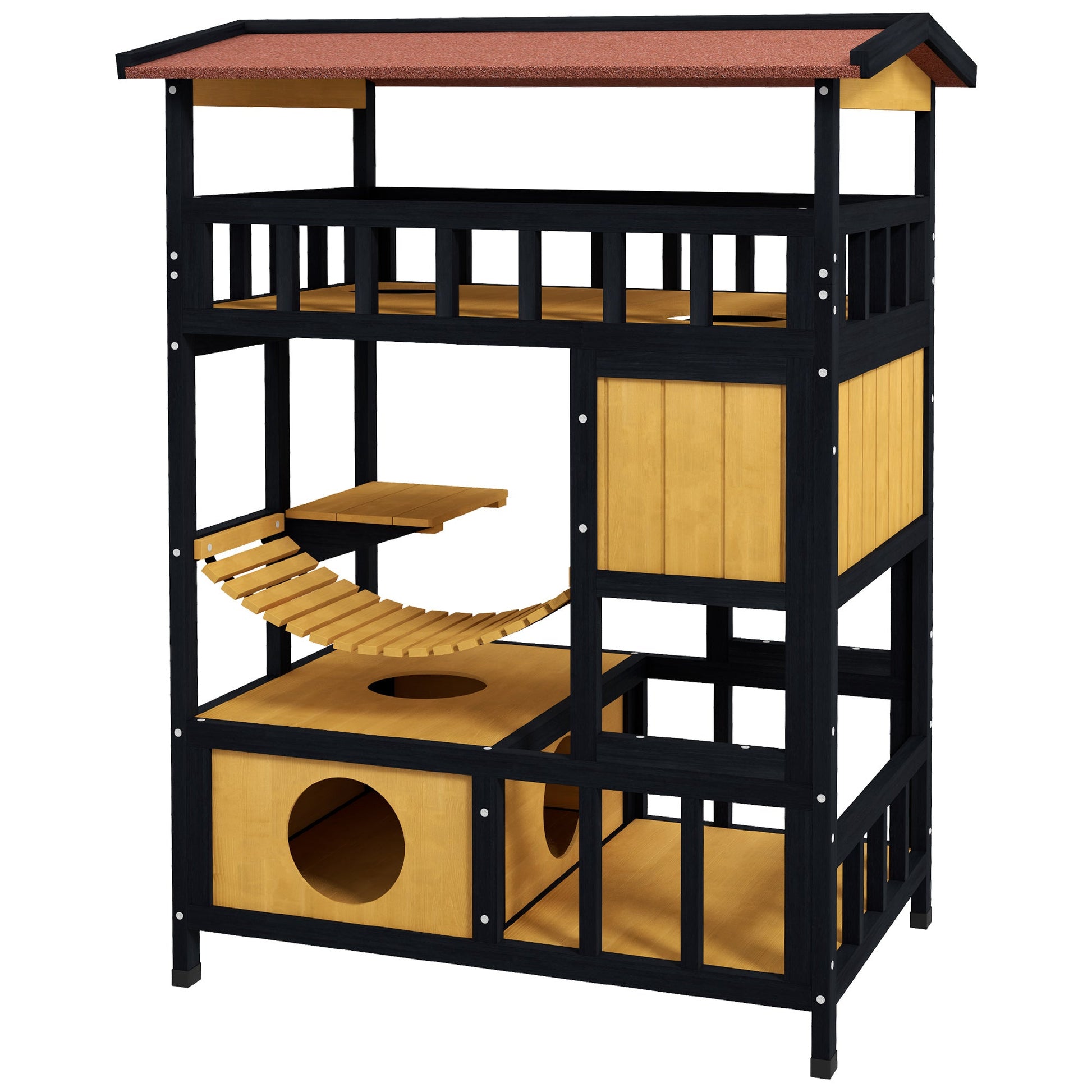 Outdoor Cat House Wooden Cat Shelter, 4 Tier with Suspension Bridge, Balcony, Escape Doors Water-Resistant Roof, for 1-2 Cats