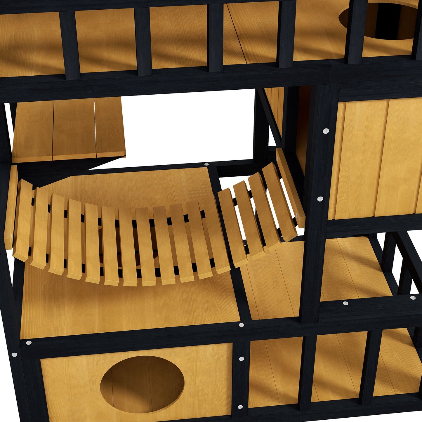 Outdoor Cat House Wooden Cat Shelter, 4 Tier with Suspension Bridge, Balcony, Escape Doors Water-Resistant Roof, for 1-2 Cats