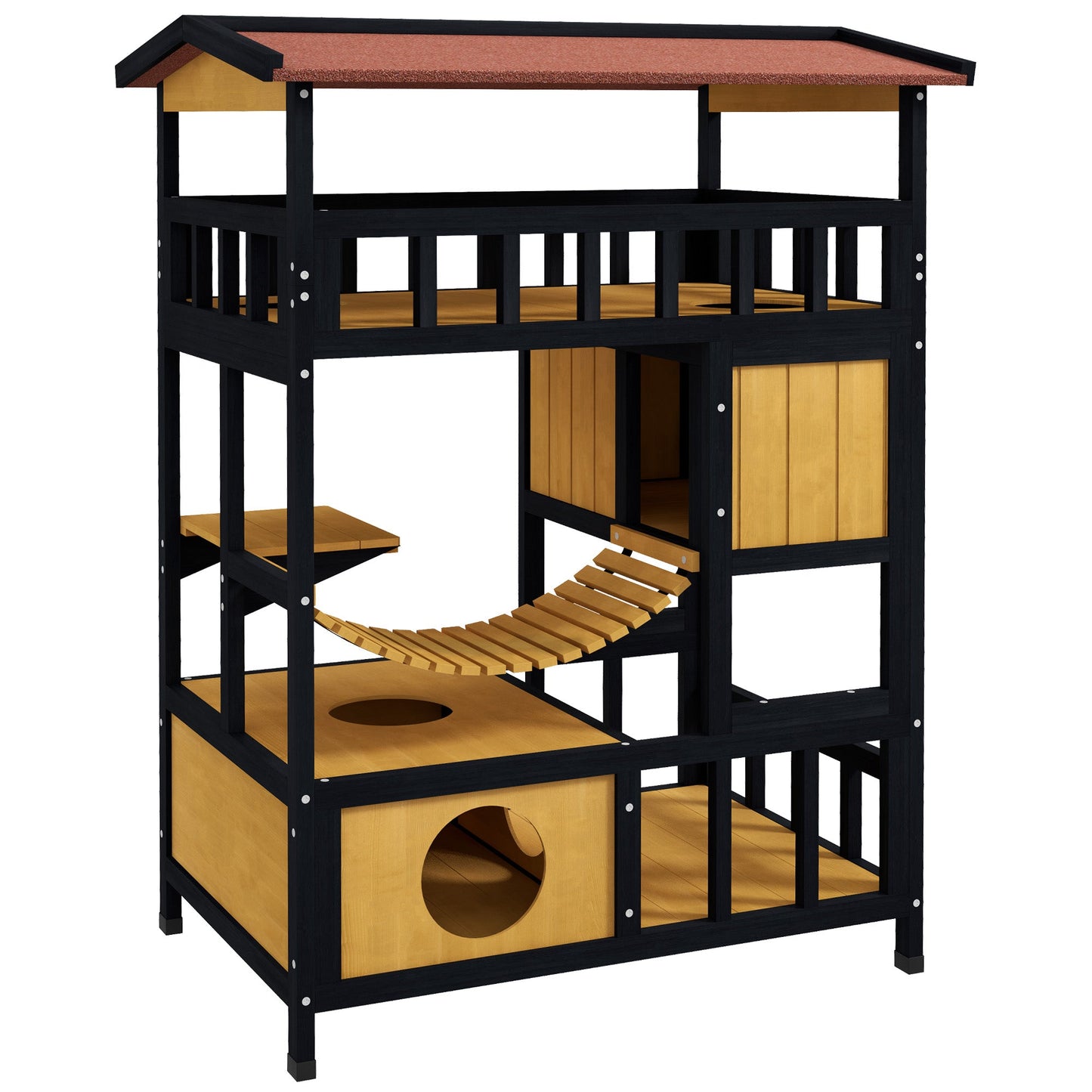 Outdoor Cat House Wooden Cat Shelter, 4 Tier with Suspension Bridge, Balcony, Escape Doors Water-Resistant Roof, for 1-2 Cats