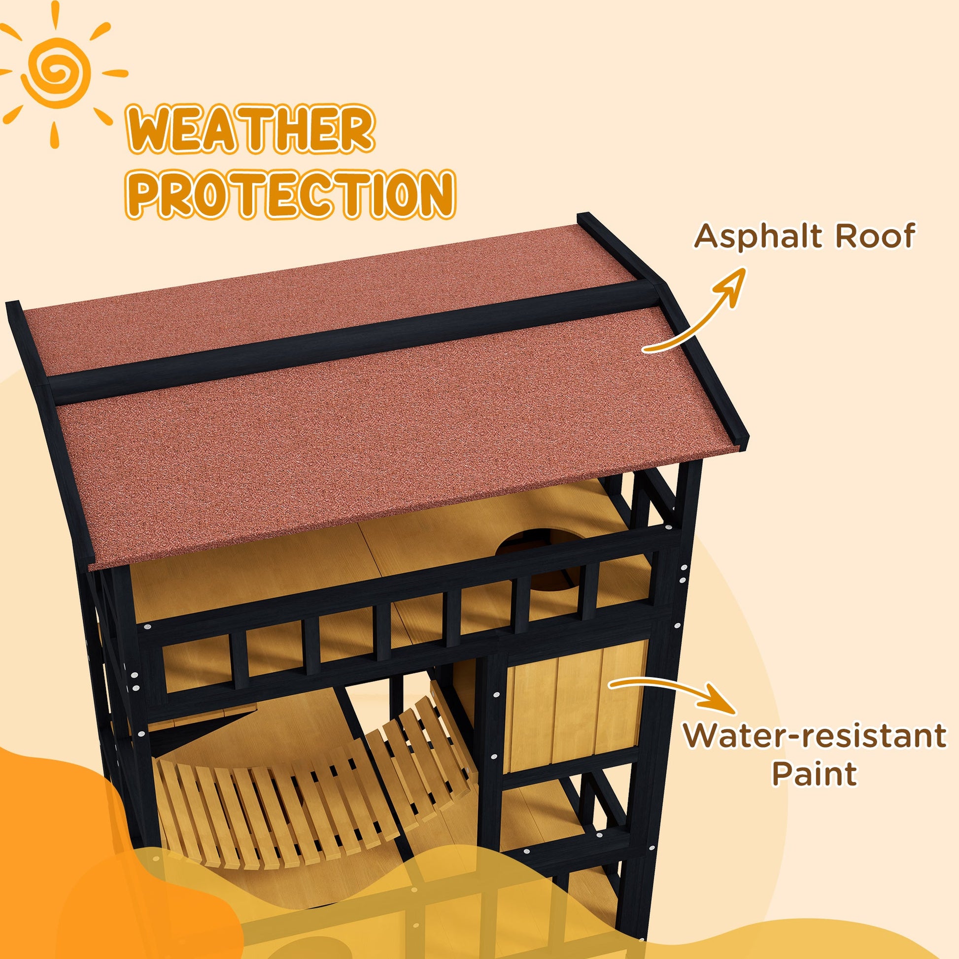 Outdoor Cat House Wooden Cat Shelter, 4 Tier with Suspension Bridge, Balcony, Escape Doors Water-Resistant Roof, for 1-2 Cats