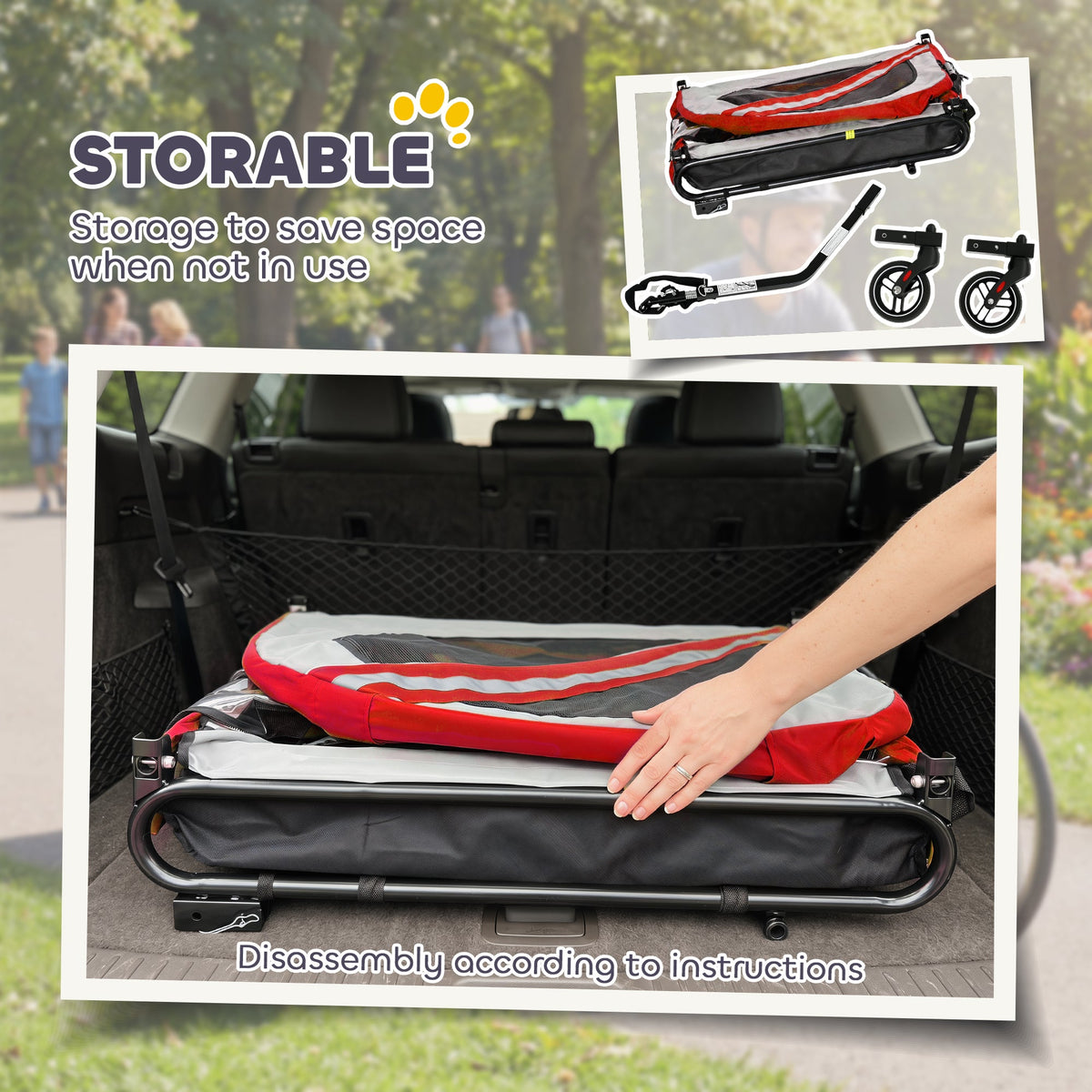 Dog Bike Trailer, 2 in 1 Foldable Pet Stroller Security Harness, Reflectors, Quick Release Wheels, Flag, for Medium Dogs, Red