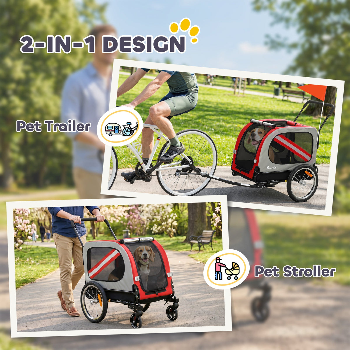 Dog Bike Trailer, 2 in 1 Foldable Pet Stroller Security Harness, Reflectors, Quick Release Wheels, Flag, for Medium Dogs, Red