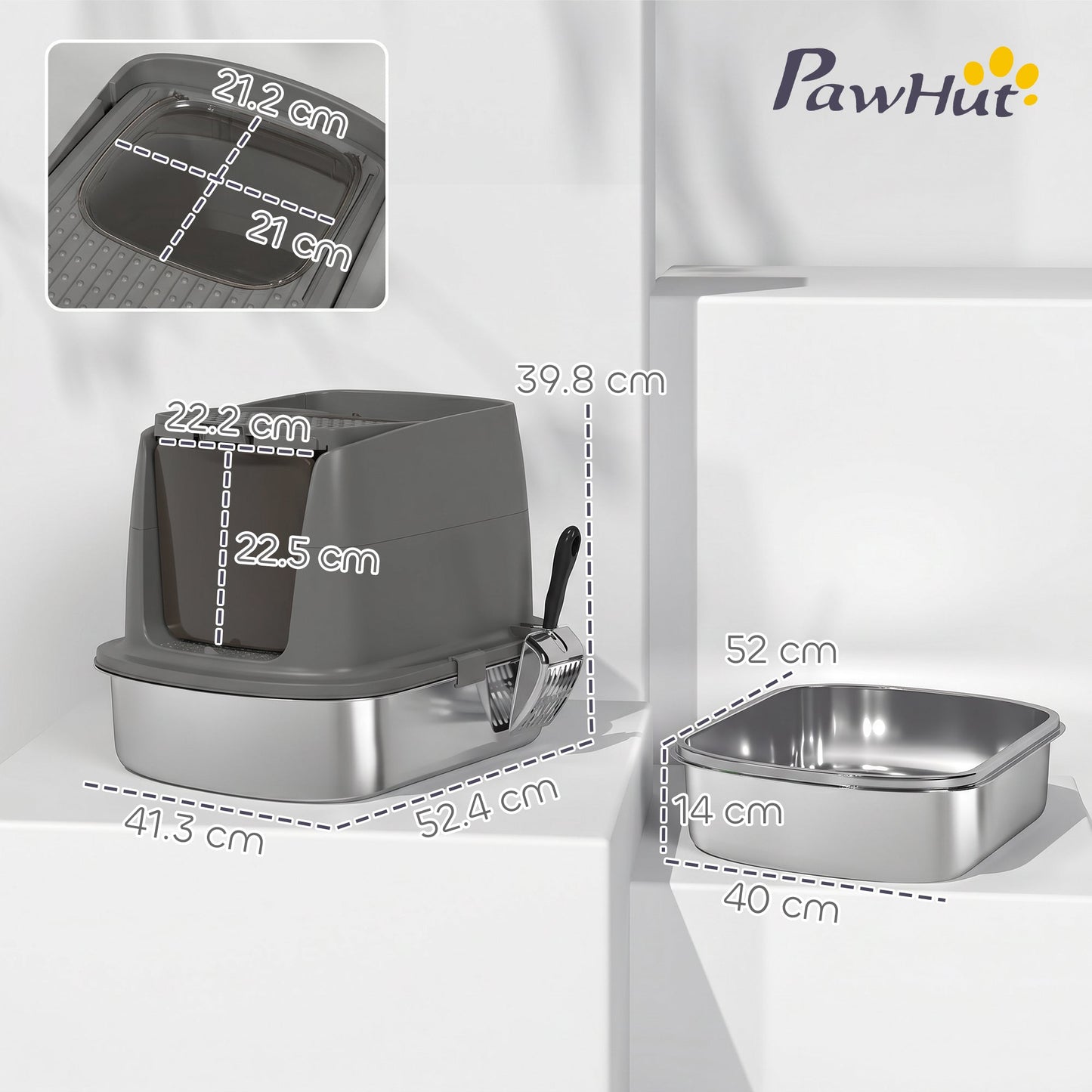 Stainless Steel Litter Box with Lid, Large Hooded Cat Litter Tray with Flip Cover, Metal Scoop, Deodoriser Bag, Non-Sticky, Odour Control and Easy Clean, Dark Grey