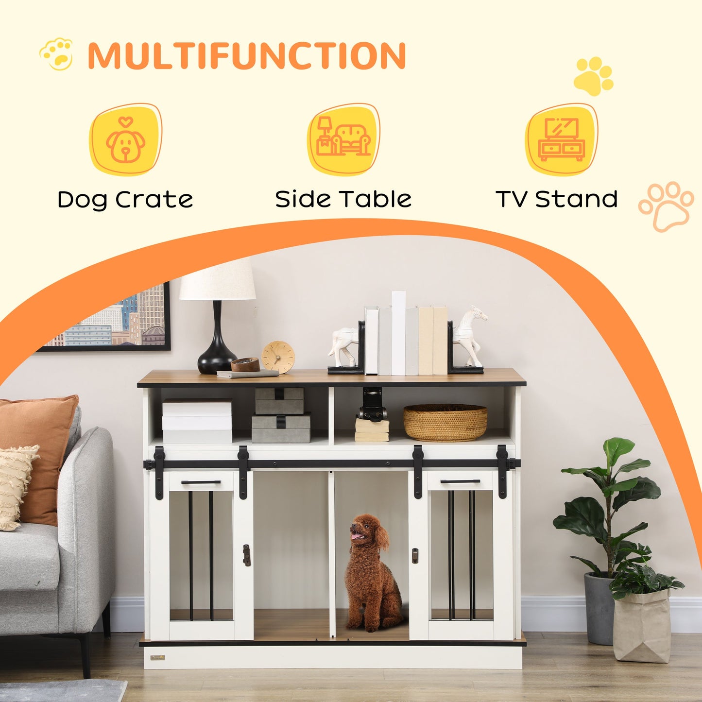 Dog Crate Furniture for Small and Large Dogs w/ Movable Divider, Dog Cage End Table with Shelves, Sliding Doors, 120 x 60 x 88.5cm, White