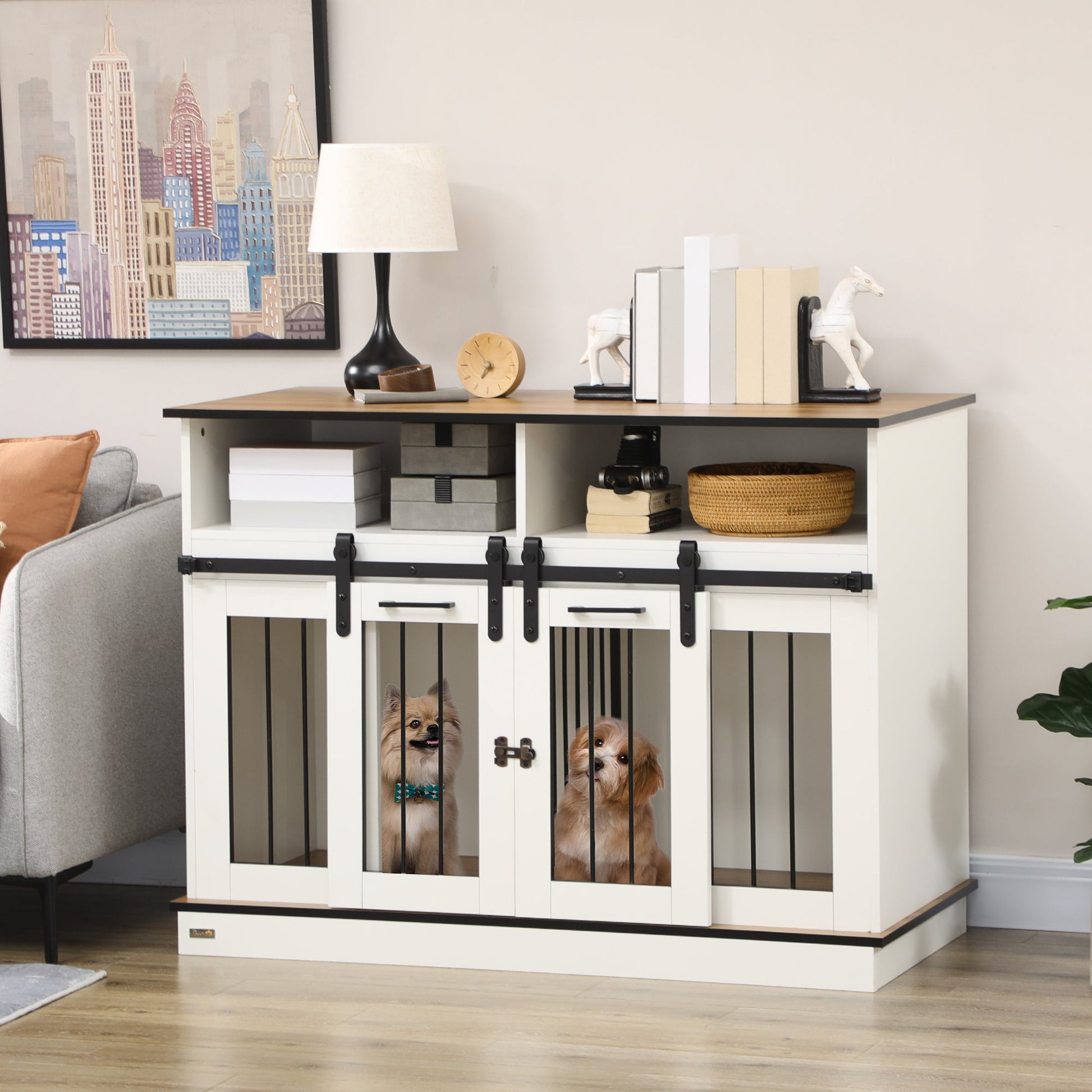 Dog Crate Furniture for Small and Large Dogs w/ Movable Divider, Dog Cage End Table with Shelves, Sliding Doors, 120 x 60 x 88.5cm, White